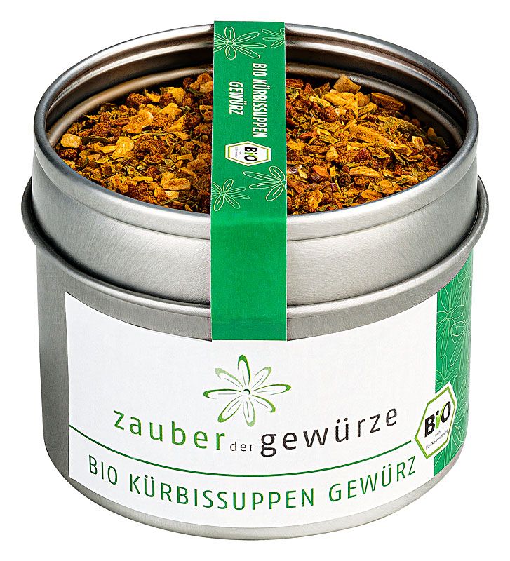 Runde Dose mit grünem Etikett und Aufschrift. Deckel mit Gewürzen gefüllt. Bio-Siegel.