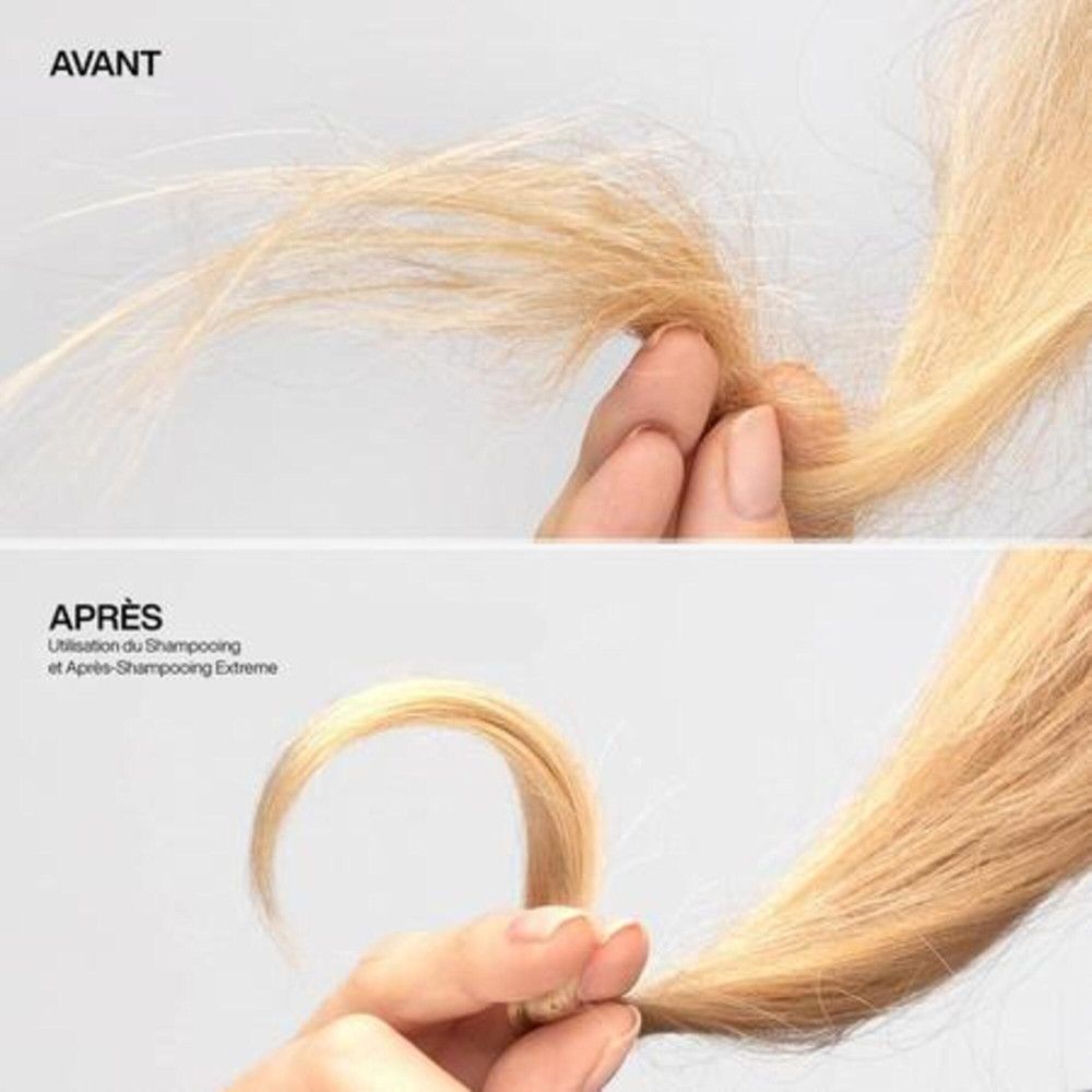 Vergleich von Haaren: Vorher und Nachher. Nach der Anwendung von Shampoo und Après-Shampooing Extreme, glattere Haare.