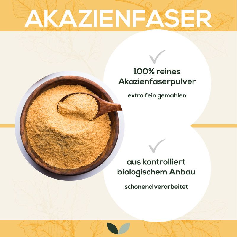 Holzschale mit gelbem Pulver und Löffel. Text: 100% reines Akazienfaserpulver, extra fein gemahlen. Aus kontrolliert biologischem Anbau.