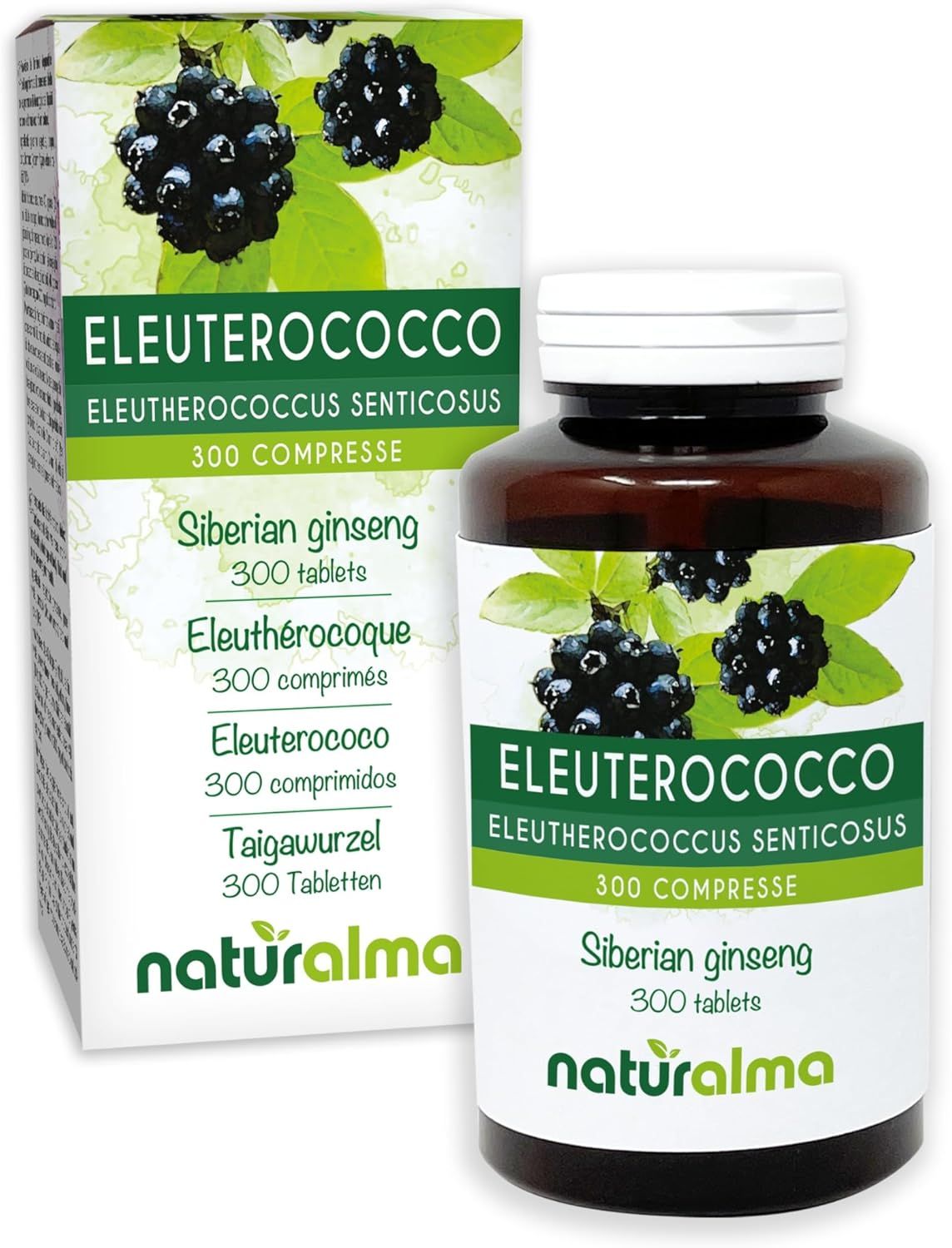 Tablettenflasche und Schachtel mit Produktinformationen. Logo Naturalma.