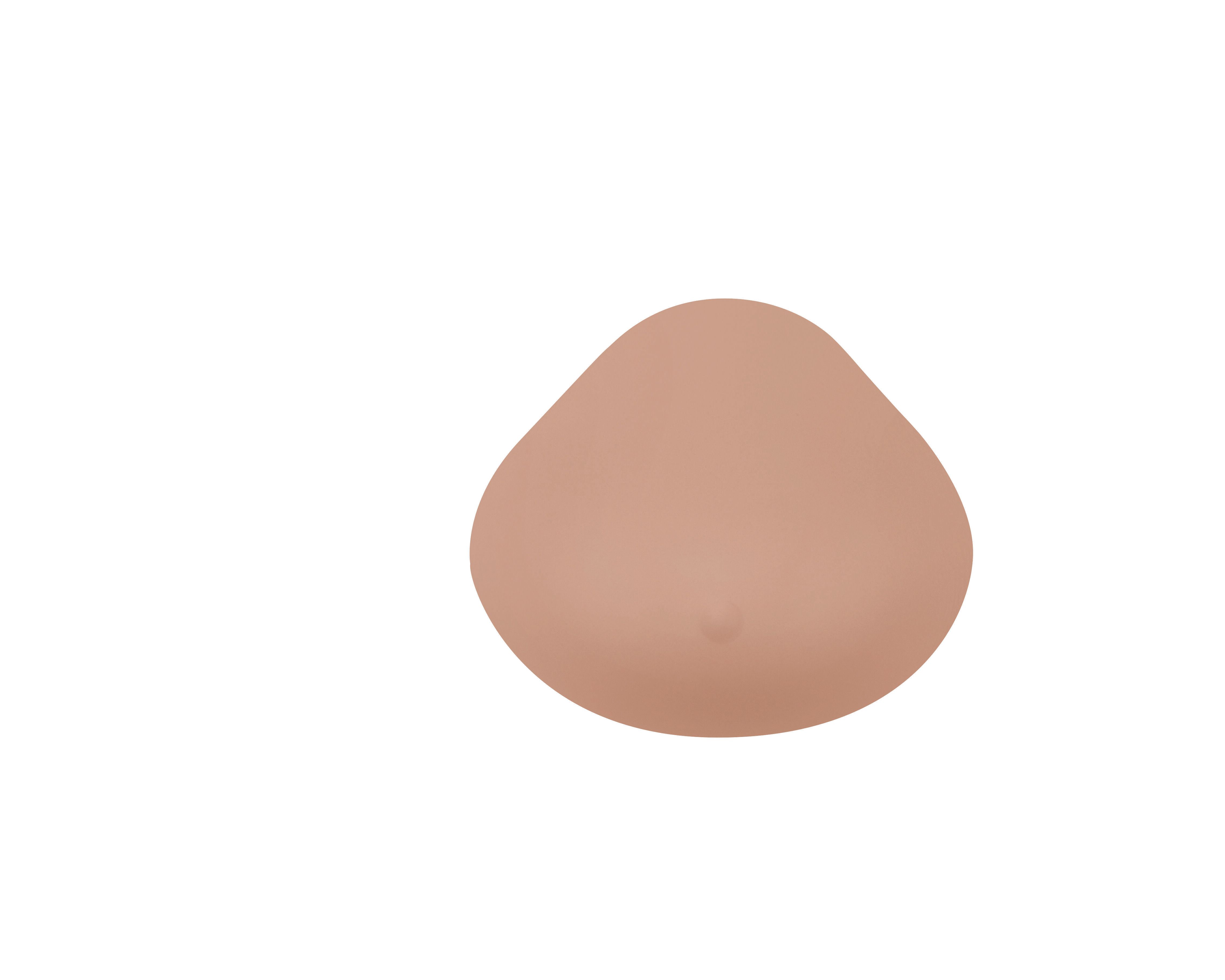 Beige Brustepithese, tropfenförmig. Glatte Oberfläche. Einzeln dargestellt.