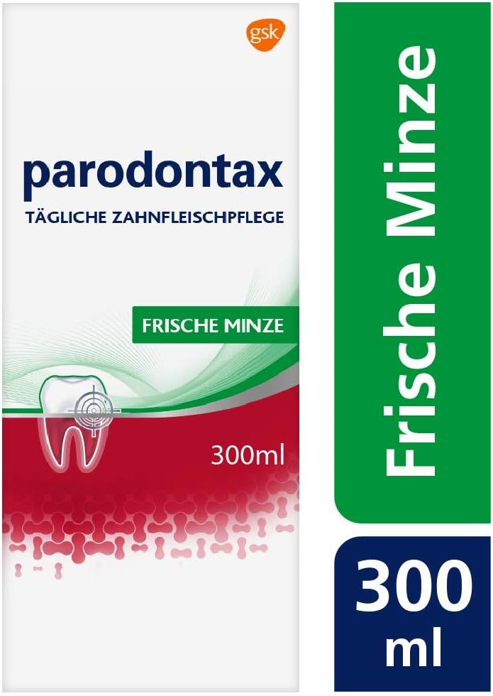 Parodontax Mundspülung, frische Minze. Produktverpackung mit Produktnamen und Text. Grüne und blaue Farbakzente. 300ml.