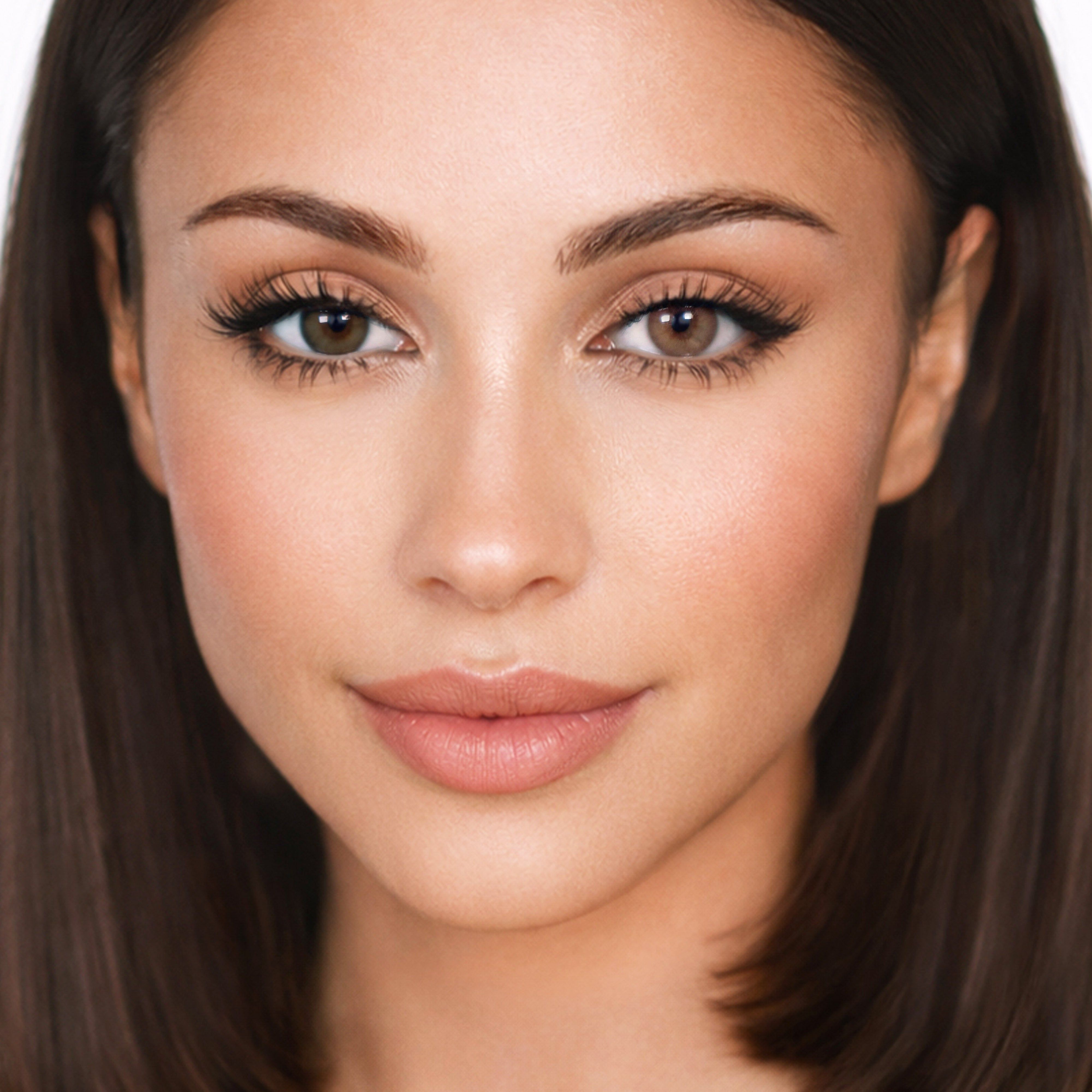 Porträt einer Frau mit braunen Augen, die Kontaktlinsen tragen. Dunkelbraune Haare, heller Hautton.