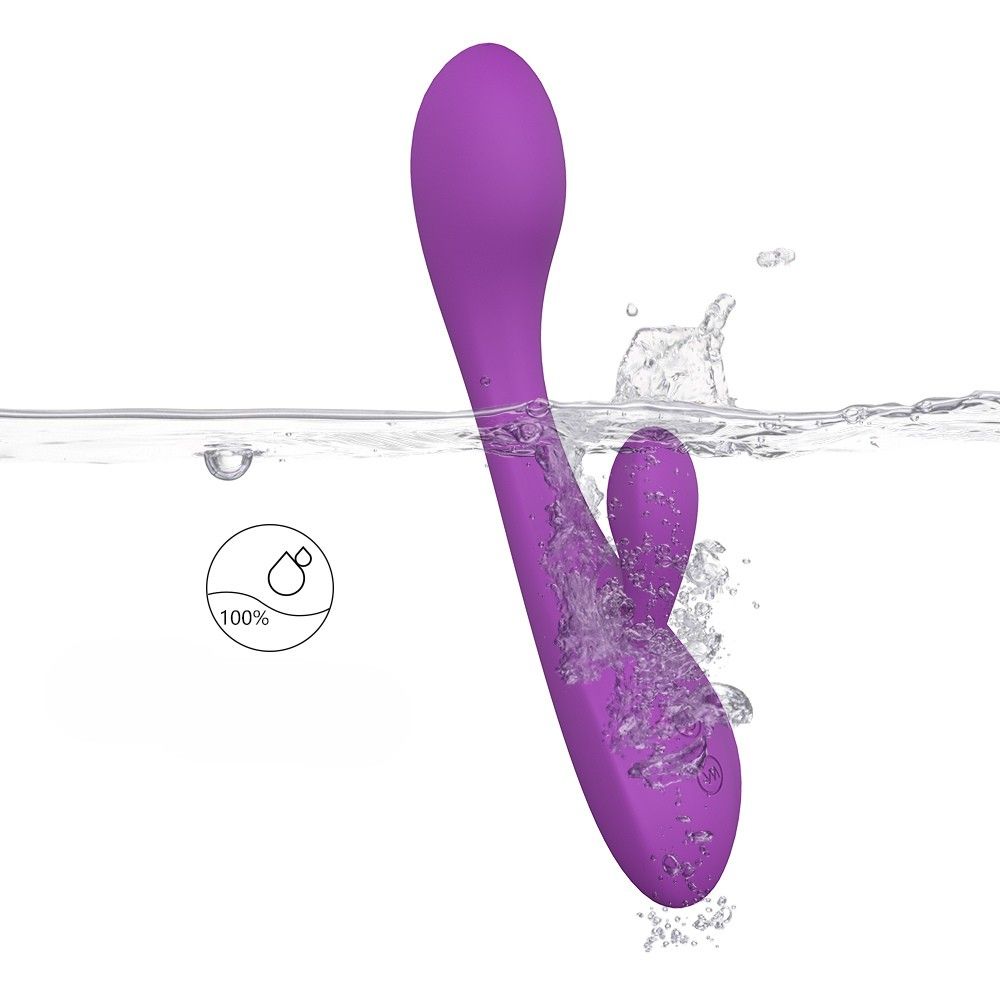 Lila Vibrator mit zwei Enden, unter Wasser. Ein Symbol zeigt Wasserdichtigkeit.