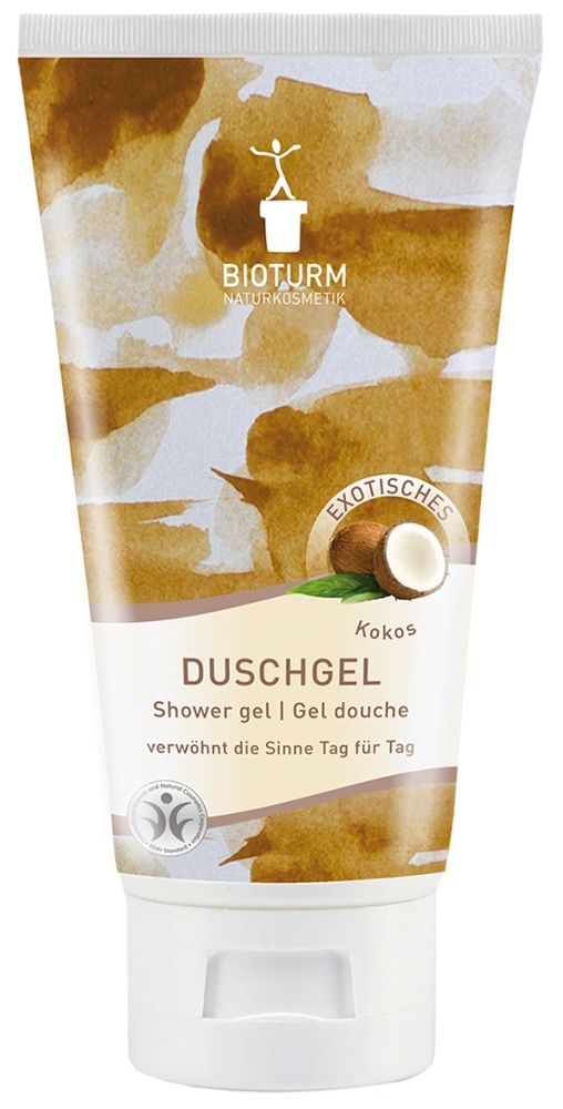 Tubo bianco-marrone di gel doccia. Scritta: BIOTURM, DUSCHGEL, Kokos. Immagine di cocco. Testo: verwöhnt die Sinne Tag für Tag.
