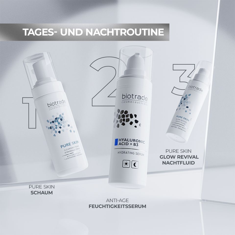 Biotrade Hautpflegeprodukte: Reinigungsschaum, Feuchtigkeitsserum, Nachtfluid.