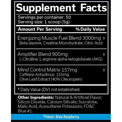 Supplement Facts Etikett mit Nährwertangaben für JNX Sports The Curse! Blue Raspberry.