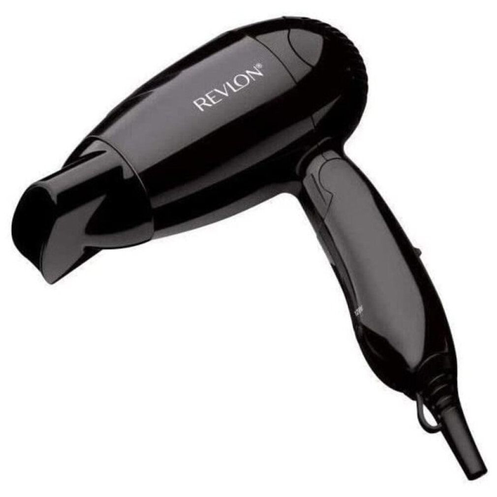 Schwarzer Haartrockner mit REVLON-Logo. Gebogene Form mit Griff und Düse. Auf weißem Hintergrund.