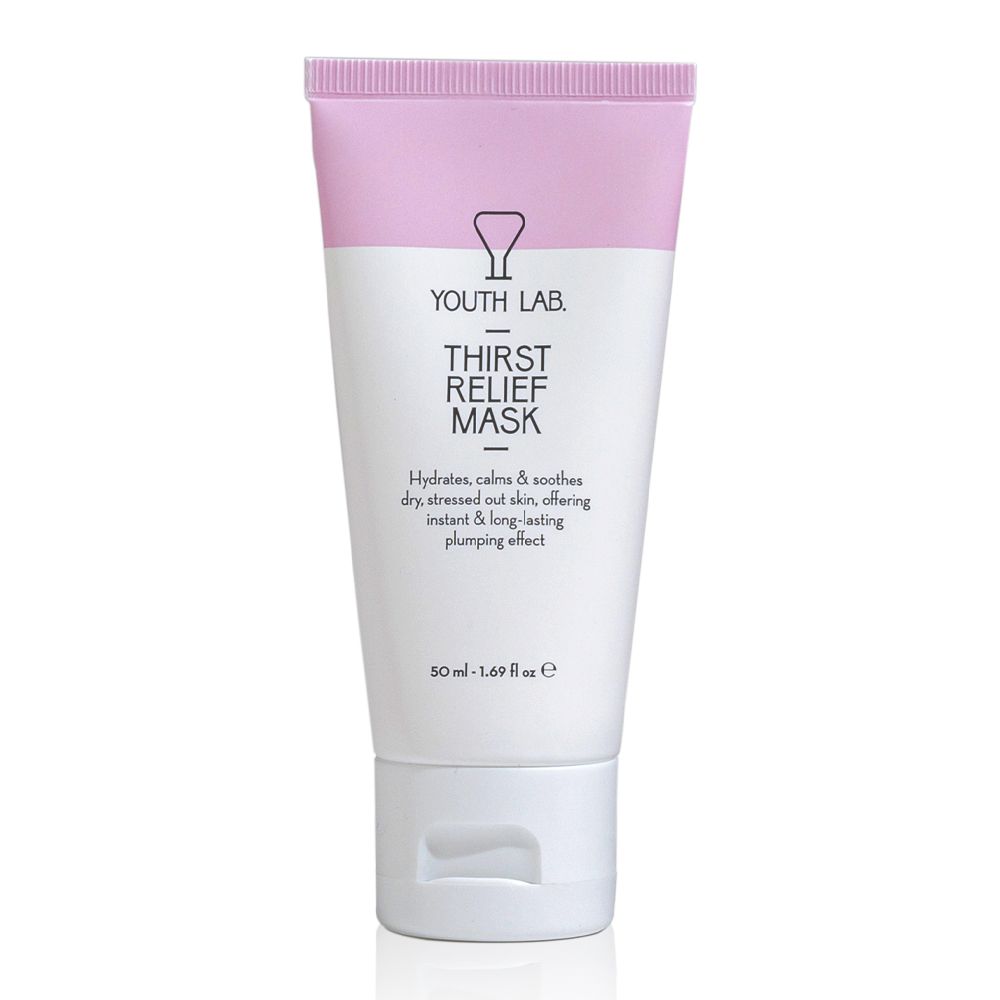 Weiße Tube mit rosa Deckel. Aufschrift: YOUTH LAB Thirst Relief Mask. Text: Hydratisiert, beruhigt, sofortiger & langanhaltender Effekt.