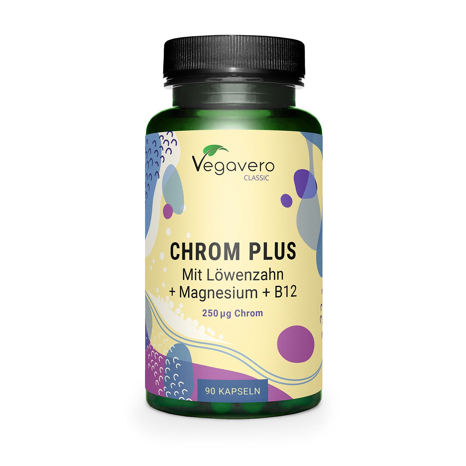 Grüne Flasche mit schwarzen Deckel. Aufschrift: VEGAVERO, CHROM PLUS, Magnesium + B12, 90 Kapseln.