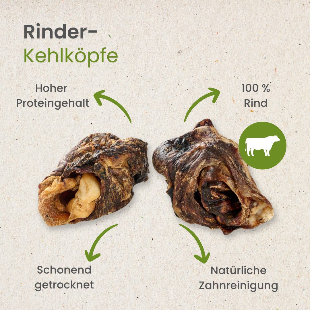 Getrocknete Rinderkehlköpfe: Länge 6-8 cm, Gewicht 140-170g, hart.