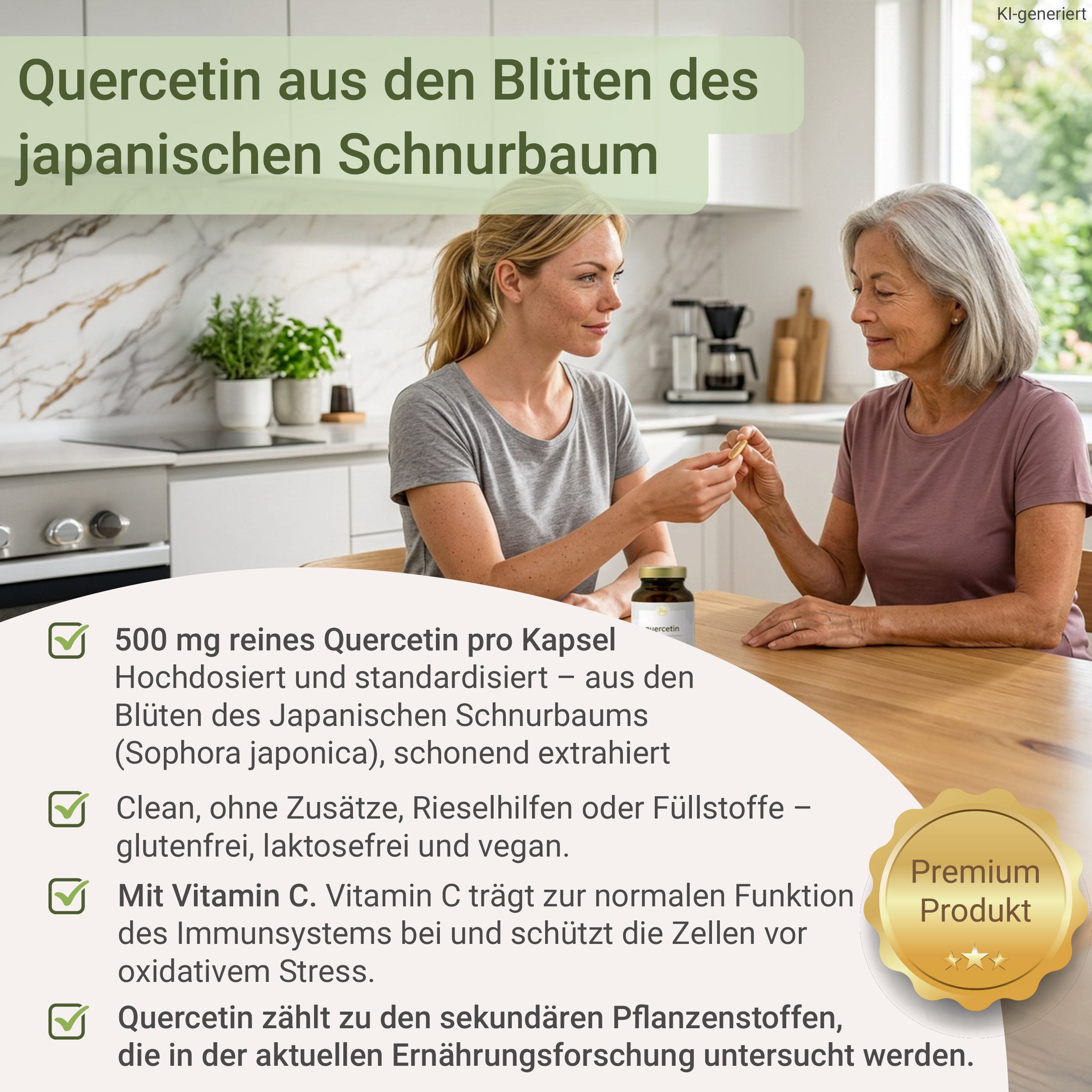 Zwei Frauen an einem Tisch, eine gibt der anderen eine Kapsel. Eine Flasche mit Kapseln steht daneben.