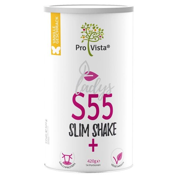 Weißes zylindrisches Produkt. Aufschrift: Pro Vista, S55 Slim Shake Plus. Vanille Geschmack. 420g, 14 Portionen. Mit Milchprotein und vegetarisch.