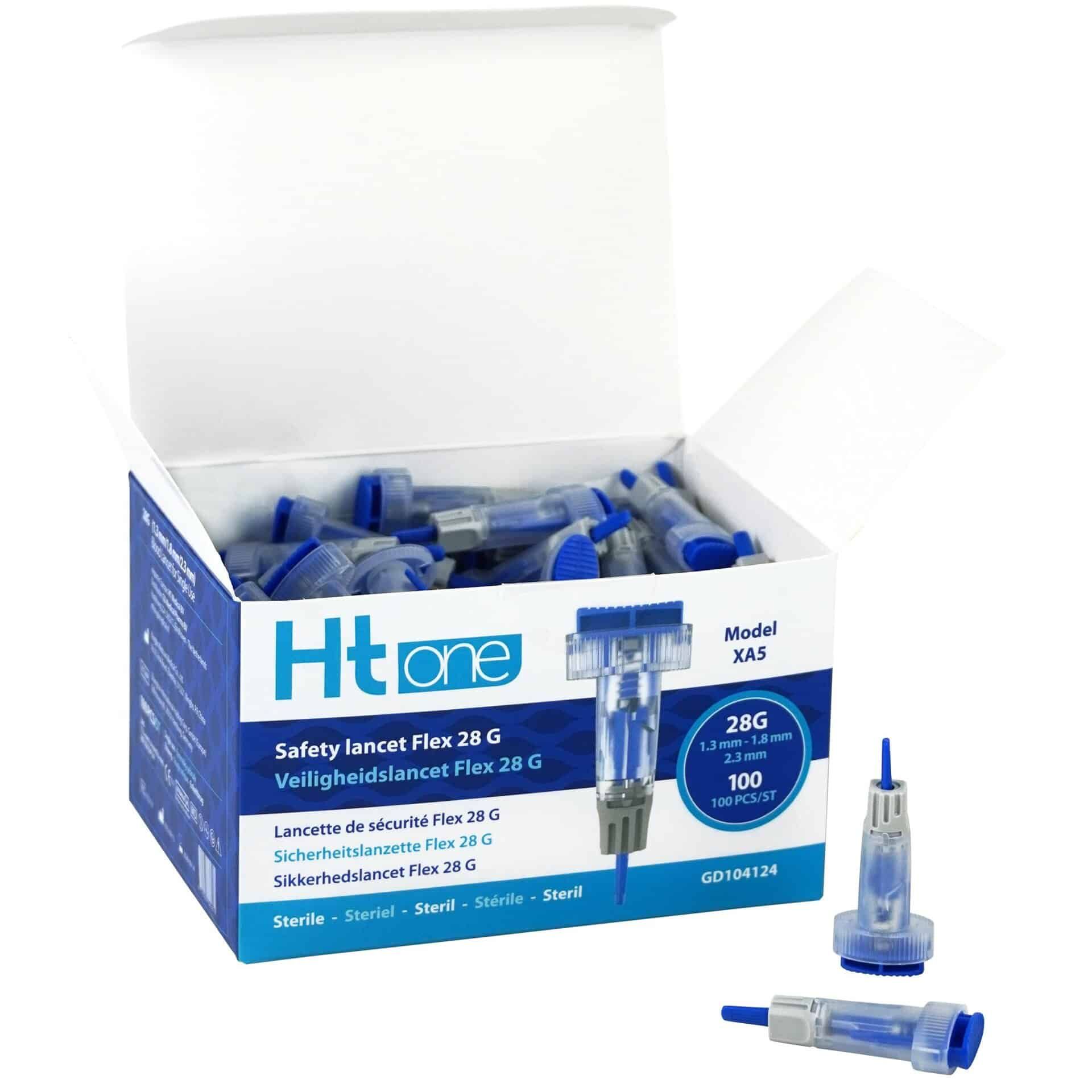 HT One Safety Lancet Flex 28G: Geöffnete Packung mit vielen sterilen Sicherheitslanzetten, 28G, 1.3-1.8mm.