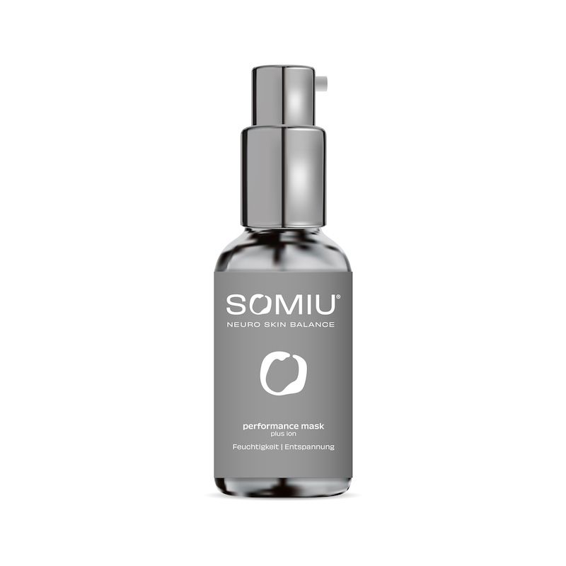 Graue Flasche mit silbernem Pumpkopf. Aufschrift: SOMIU, Neuro Skin Balance, performance mask plus ion. Text: Feuchtigkeit | Entspannung.