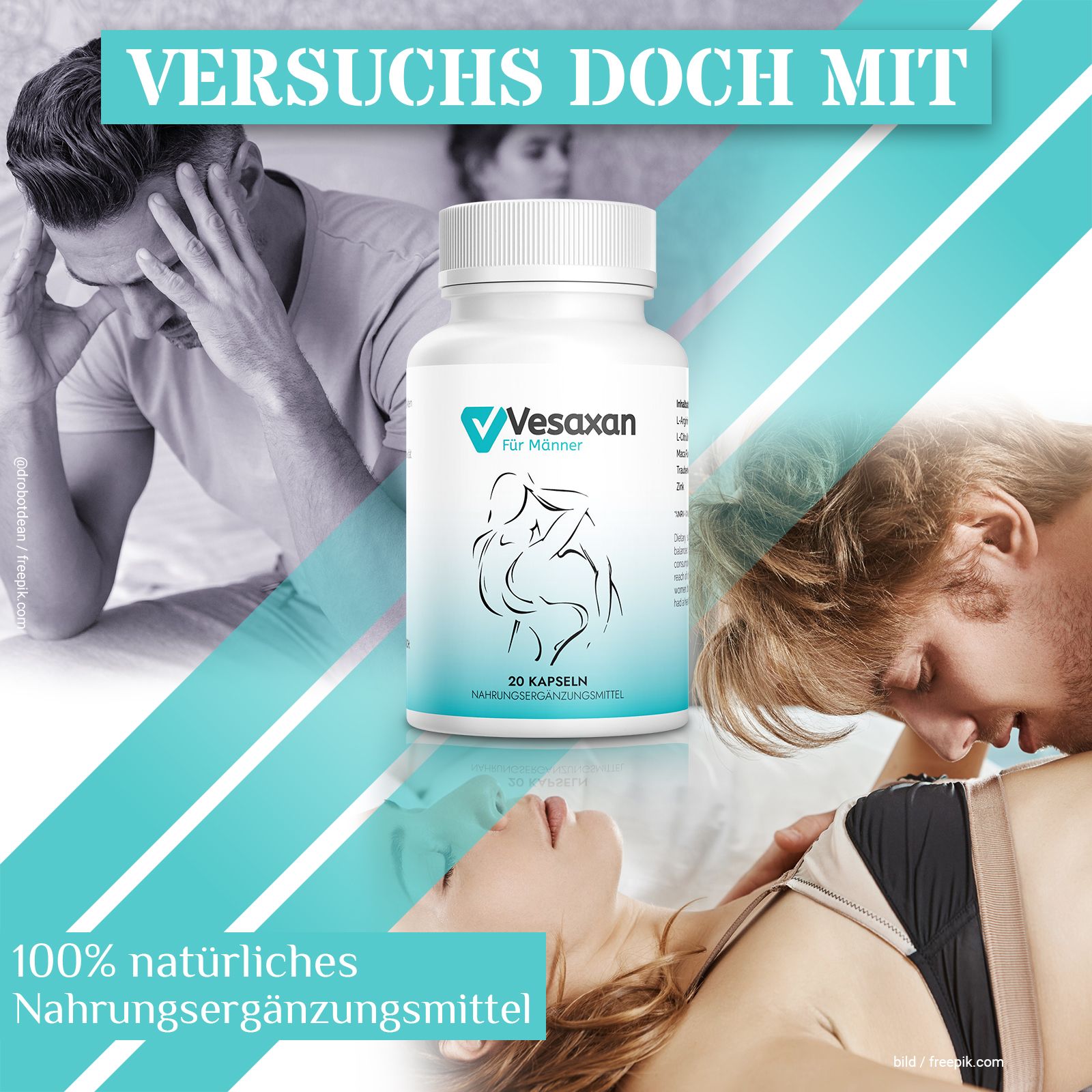 Flasche Vesaxan für Männer mit 20 Kapseln. Hintergrund: Paare in intimen Situationen. Text: 100% natürliches Nahrungsergänzungsmittel.