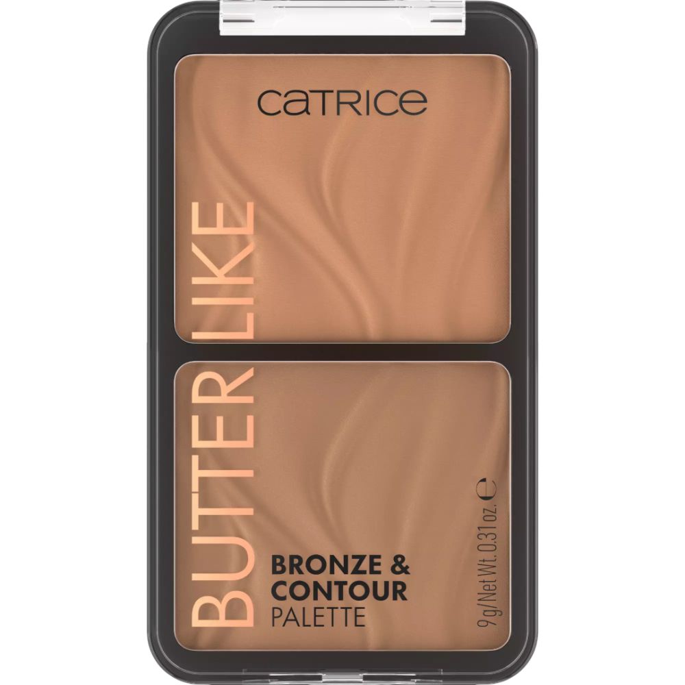 Catrice Butterartige Bronze- & Kontur-Gesichtspalette. Zwei Farbtöne in einer schwarzen Kunststoffverpackung. Produktname und Marke sichtbar.