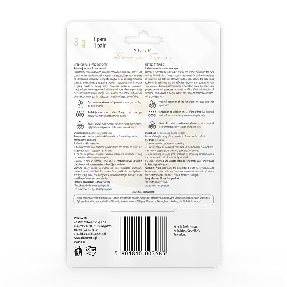 Rückseite der Augenpad-Verpackung. Text: Lifting Eye Pads, Inhaltsstoffe, Anwendungshinweise, 1 Paar, 8g.