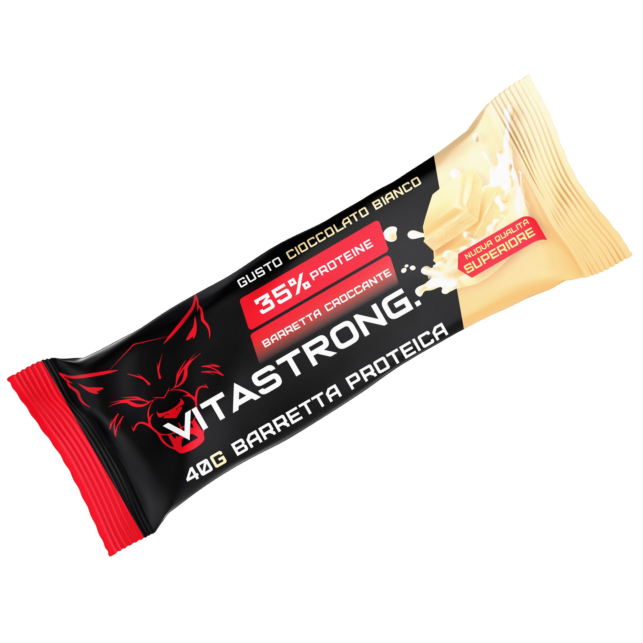 Einzelner Riegel in Verpackung. Schwarze und beige Verpackung mit rotem Akzent. Text: Vitastrong, 35% Protein, 40g Barretta Proteica.