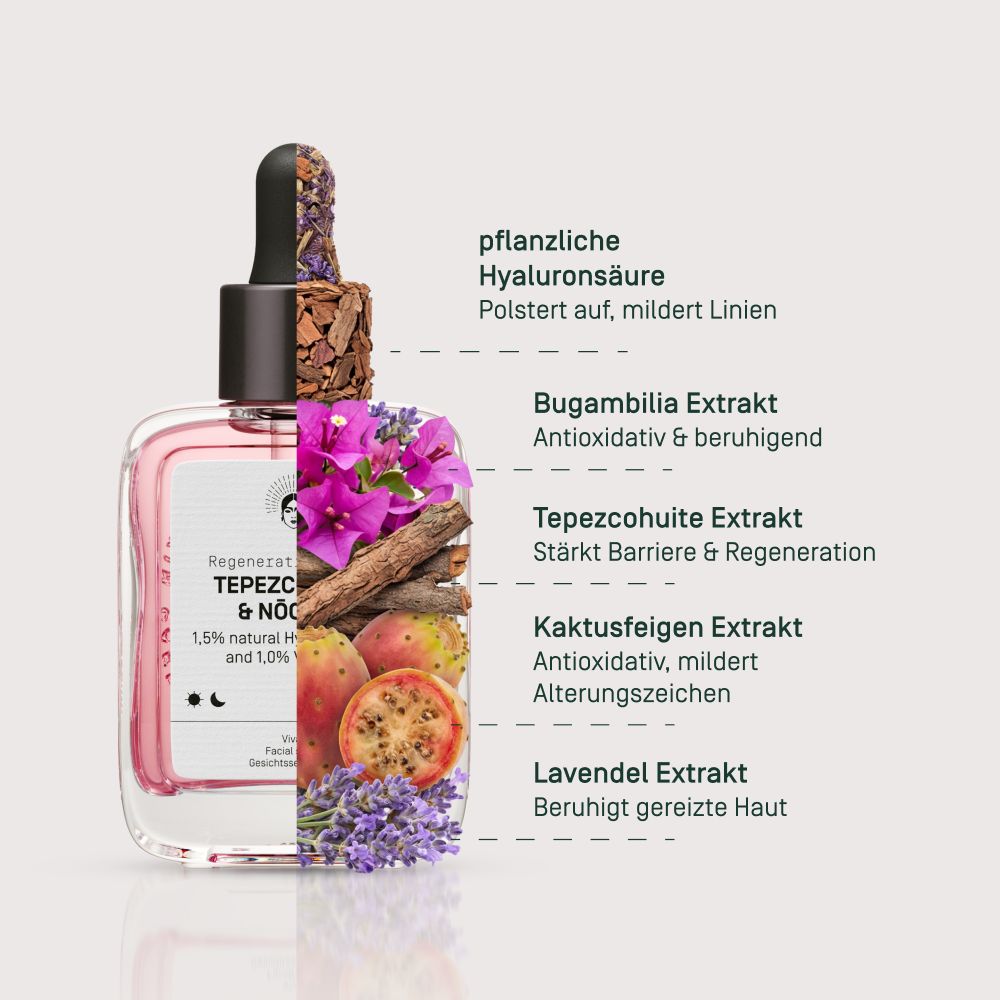 Viva Maia Regenerating Serum Flasche mit Pipette, umgeben von Pflanzenextrakten wie Kaktusfeige und Lavendel.