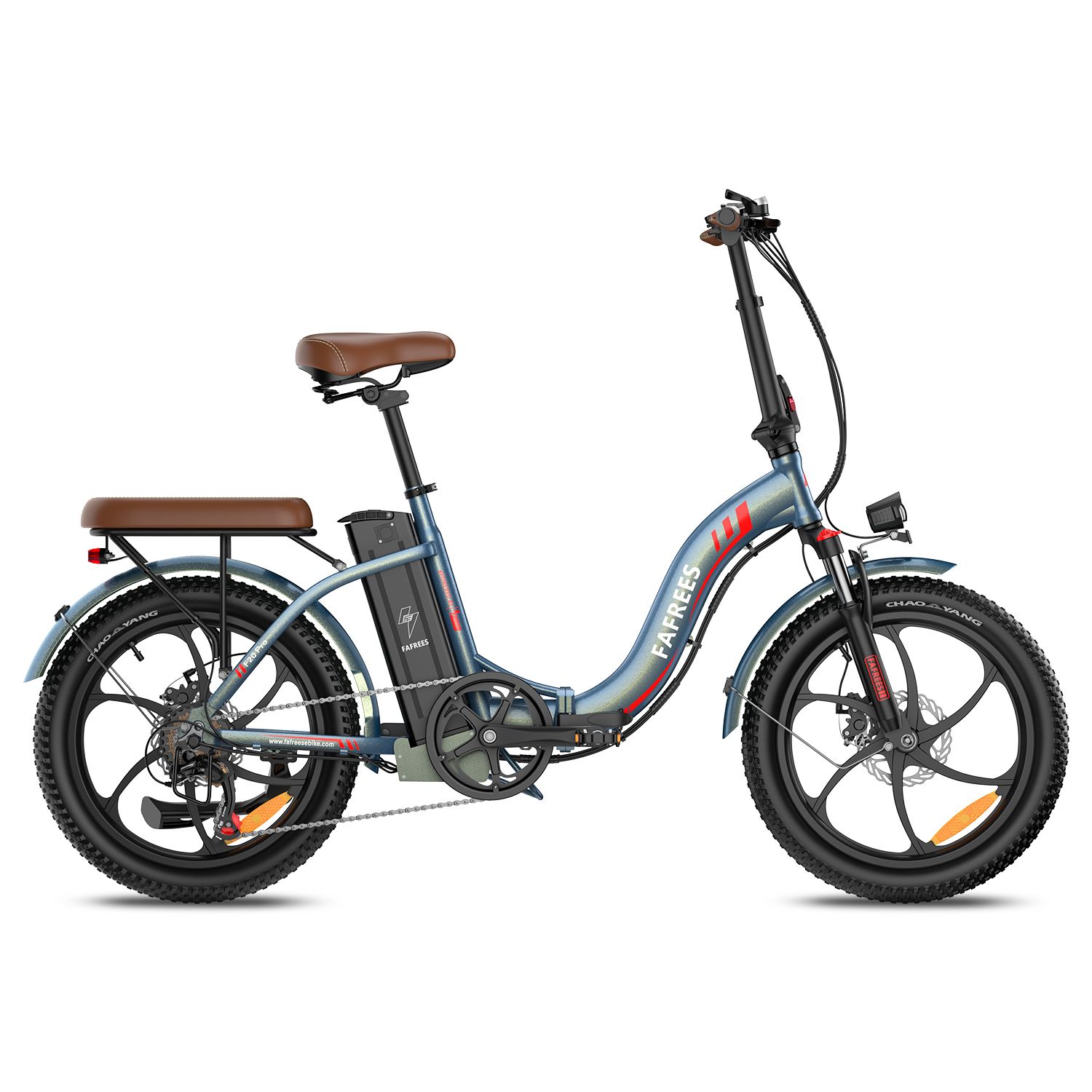 Faltbares E-Bike mit breiten Reifen. Blau-grauer Rahmen, brauner Sattel. Marke FAFREES, Akku am Rahmen.