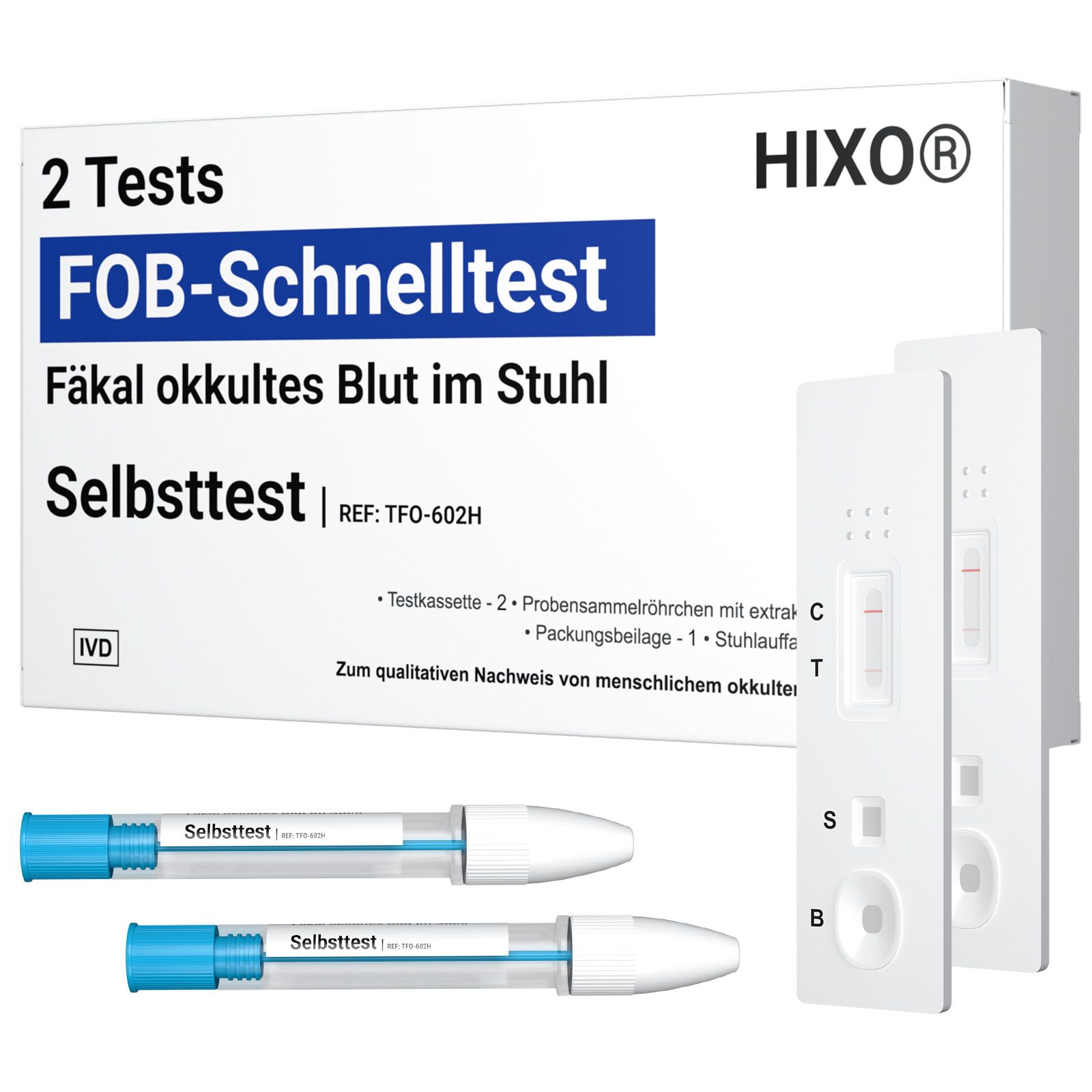 Packung mit zwei HIXO FOB-Schnelltests. Enthält Testkassetten und Probenröhrchen. Aufschrift: "Fäkal okkultes Blut im Stuhl".