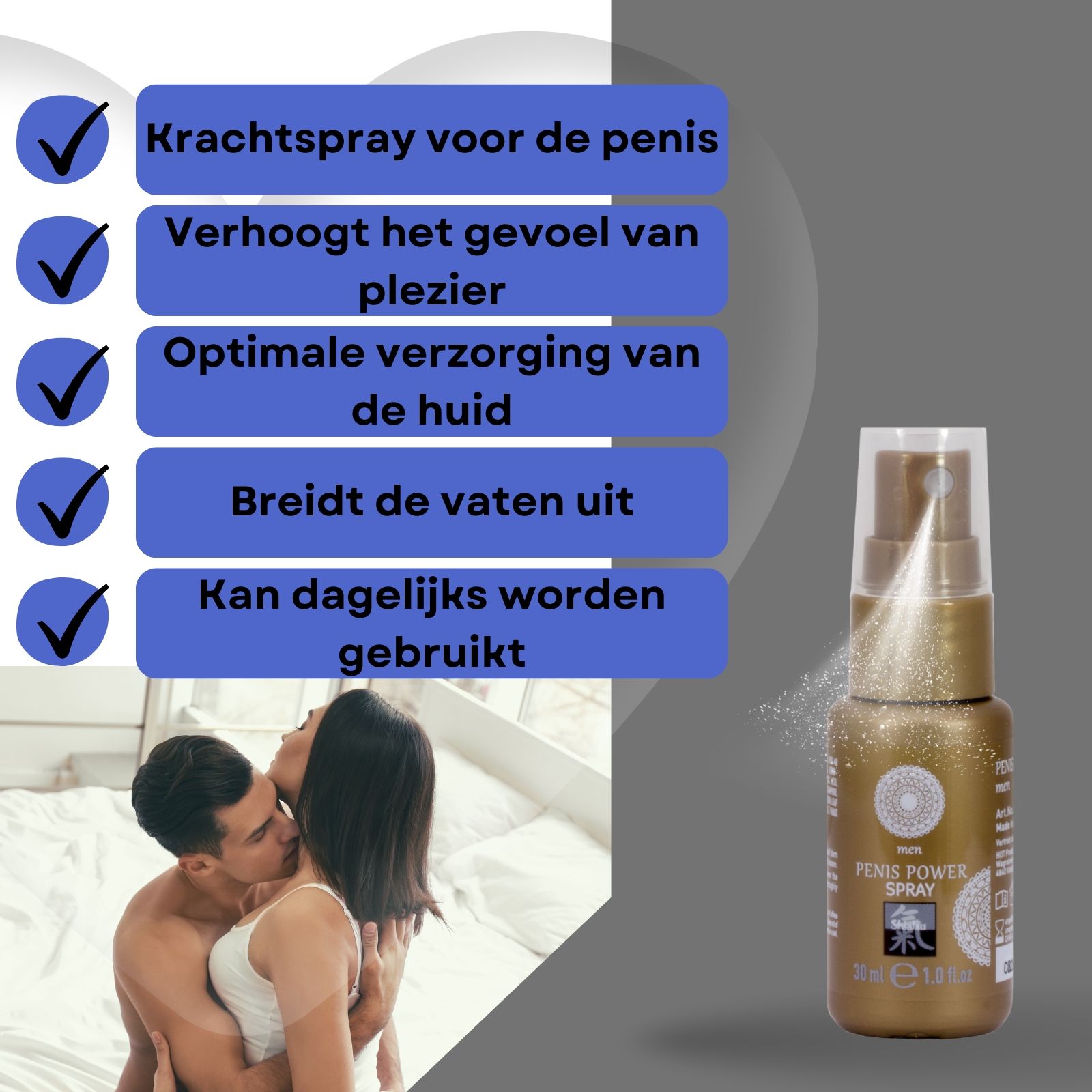 Gouden sprayfles. Tekst: Penis Power Spray. Blauwe doos met tekst. Paar op de achtergrond.