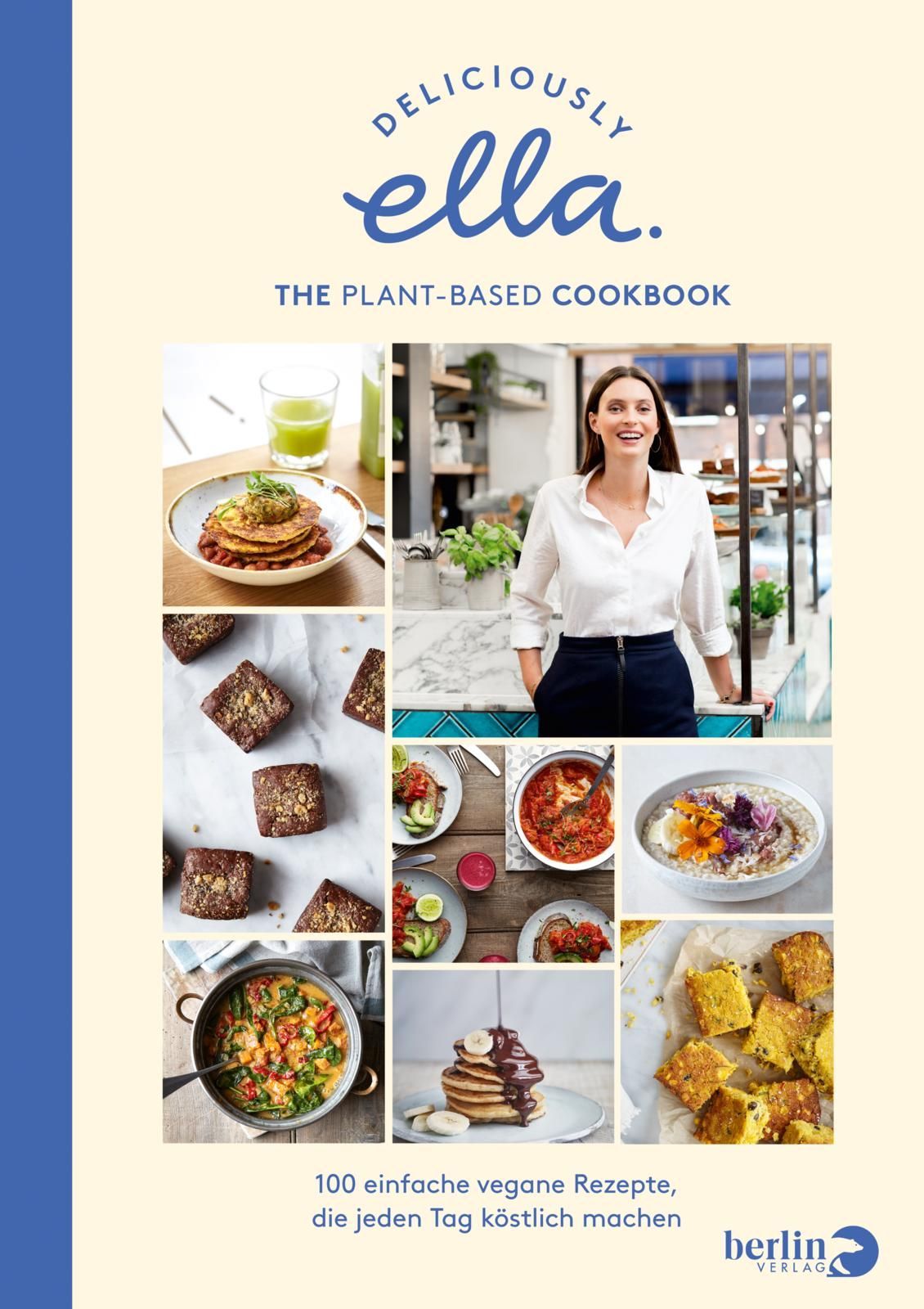 Kochbuch mit dem Titel "Deliciously Ella. The Plant-Based Cookbook". Es zeigt Fotos von Gerichten und einer Frau.
