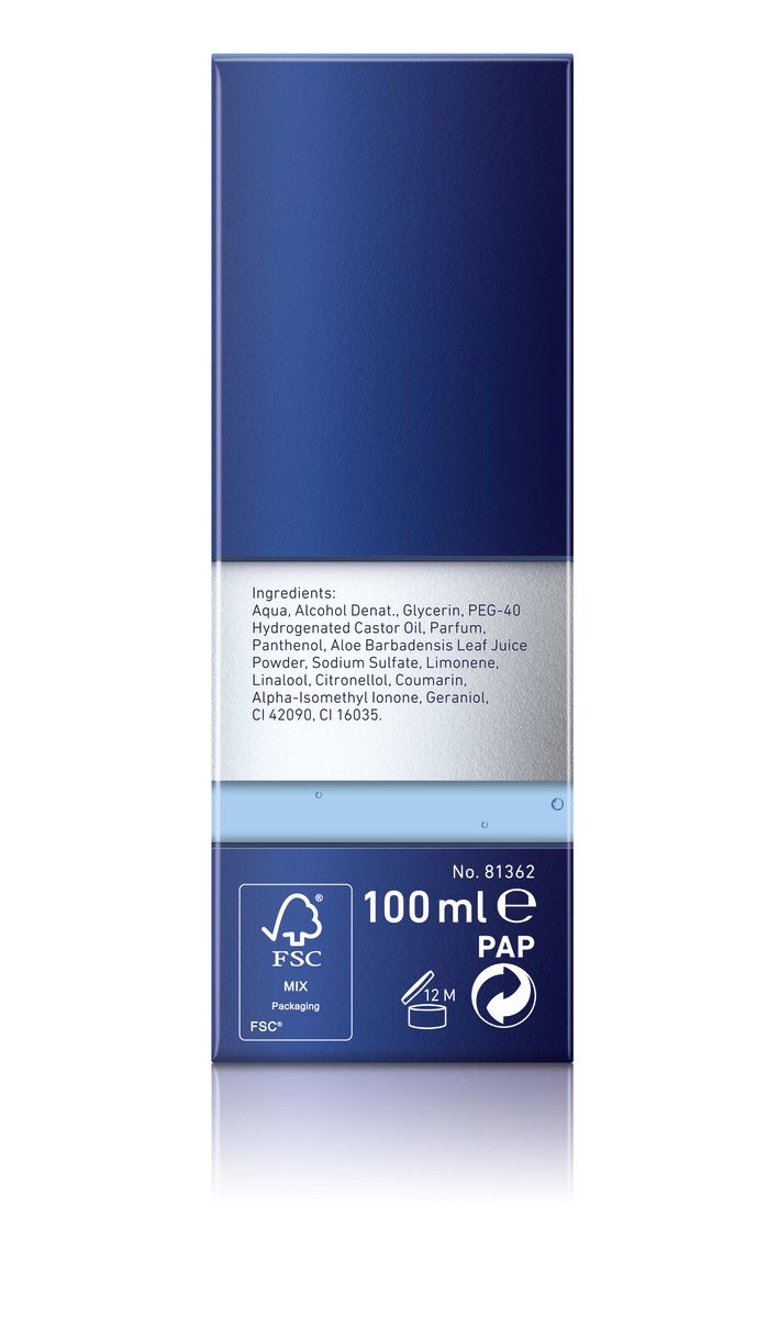 Rückseite der NIVEA MEN After Shave Fluid Verpackung. Blaue Verpackung mit Inhaltsstoffen, Logo, FSC-Siegel und Volumenangabe.