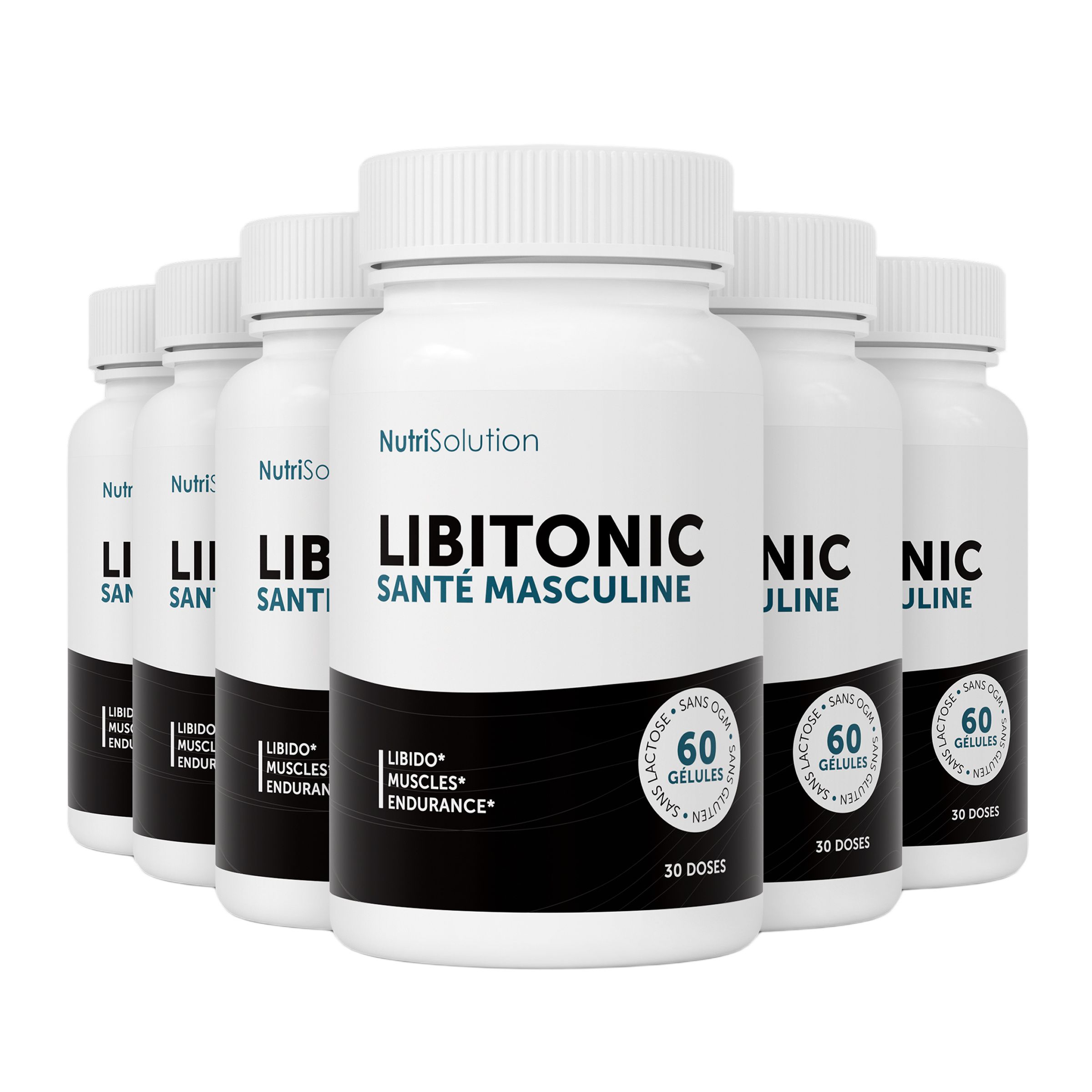 Sechs Flaschen NutriSolution LibiTonic für männliche Gesundheit.