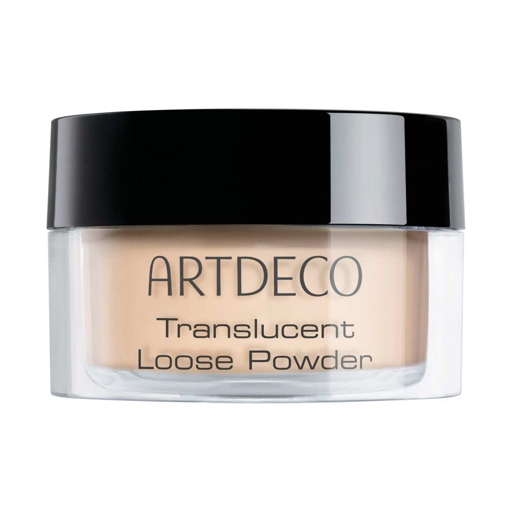 Translucent Loose Powder in einem transparenten Tiegel mit schwarzem Deckel. Aufschrift: ARTDECO.