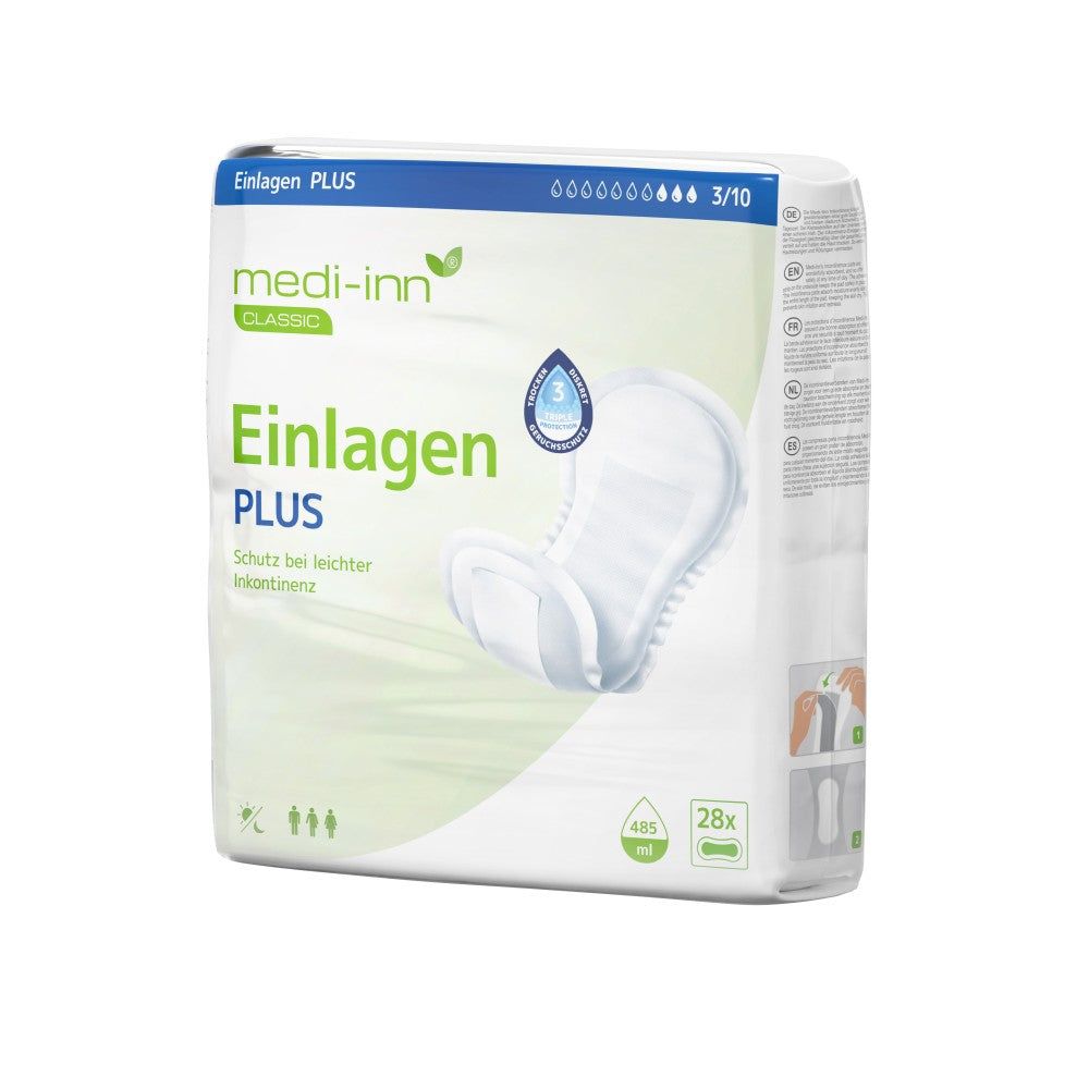 Verpackung von Medi-Inn Inkontinenz-Einlagen PLUS. Weiße Einlagen mit blauer Tropfen-Kennzeichnung. Packung mit 28 Stück.