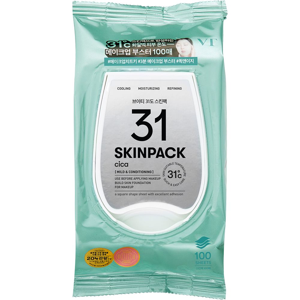 Verpackung mit 100 Hautpflege-Tüchern, Marke 31 Skinpack Cica.