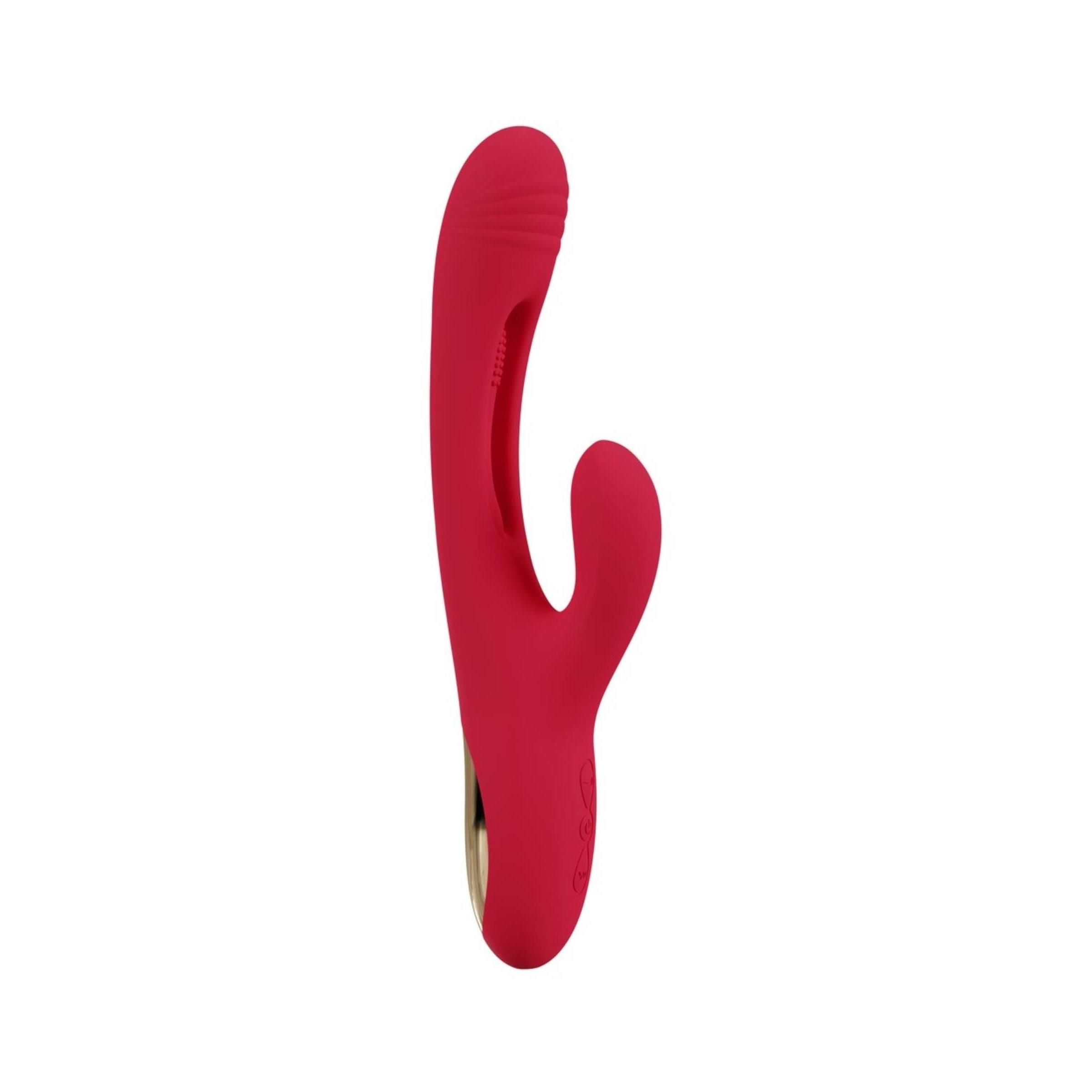 Roter Vibrator mit gebogener Form. Der Kopf ist länglich, der Schaft gebogen mit einem kleineren, gebogenen Teil.