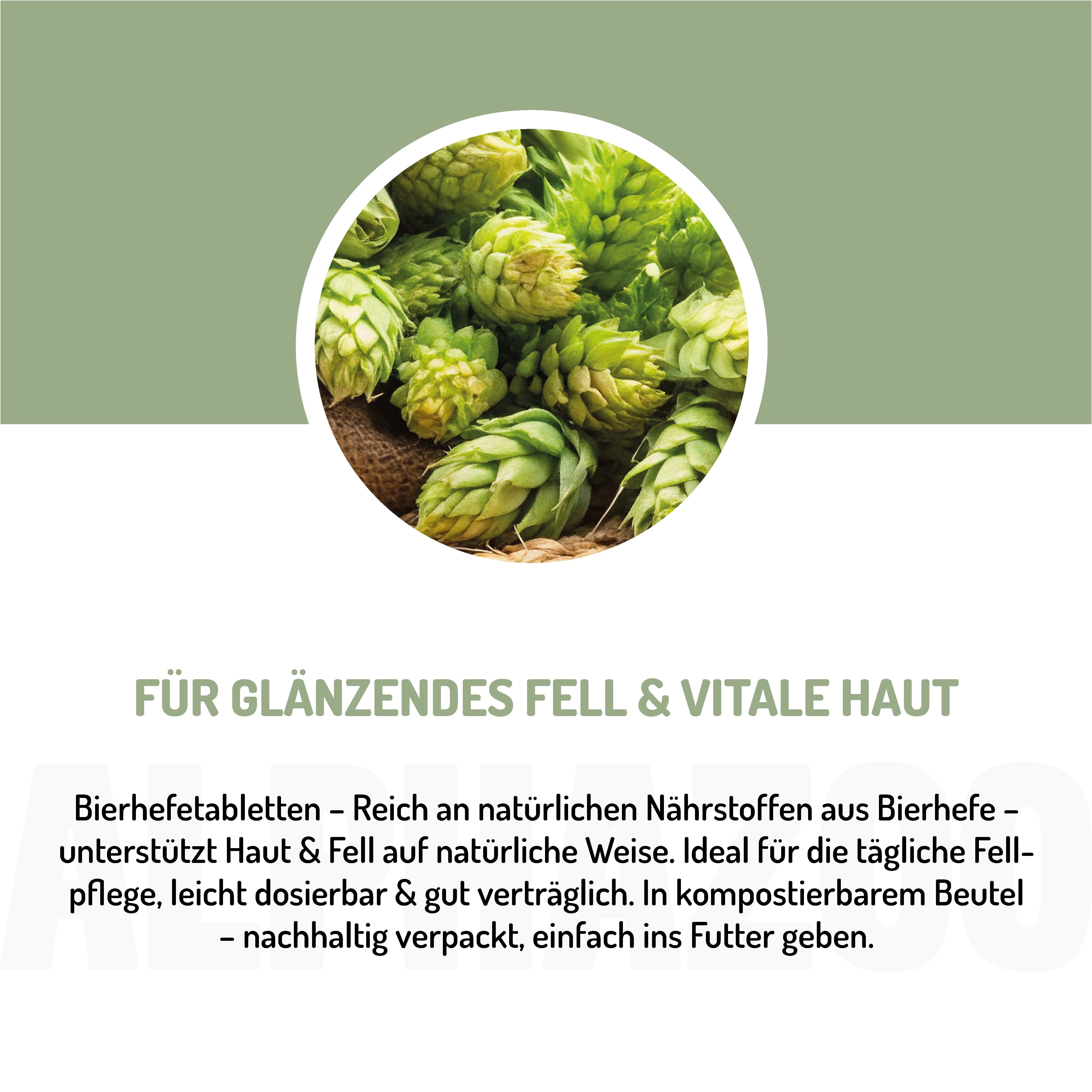 Hopfenblüten. Text: Für glänzendes Fell & vitale Haut. Bierhefetabletten - Reich an Nährstoffen. In kompostierbarem Beutel.