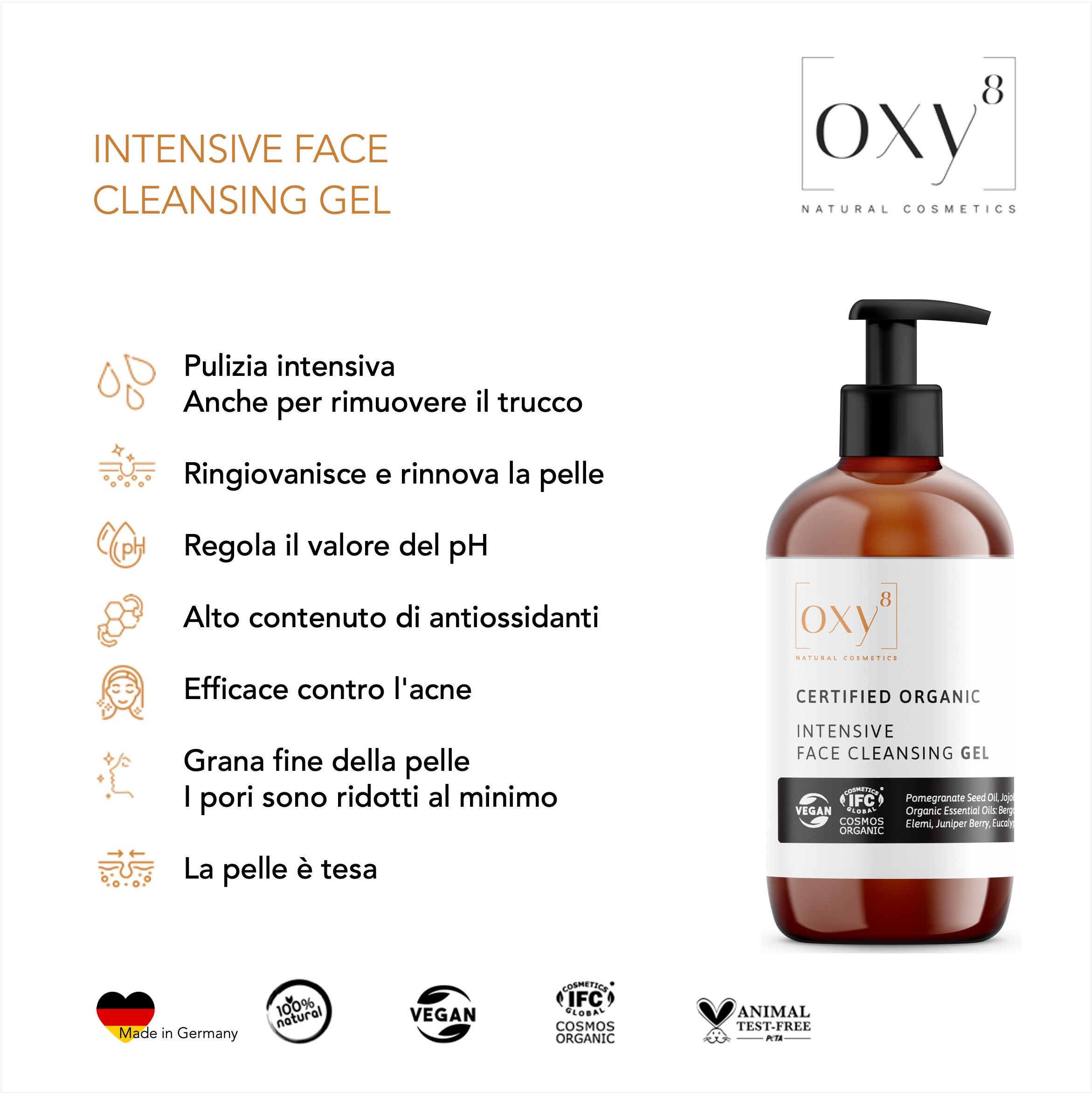 Donna che si lava il viso. Flacone di gel detergente con dosatore nero. Scritta: oxy8, INTENSIVE FACE CLEANSING GEL, COSMOS ORGANIC.