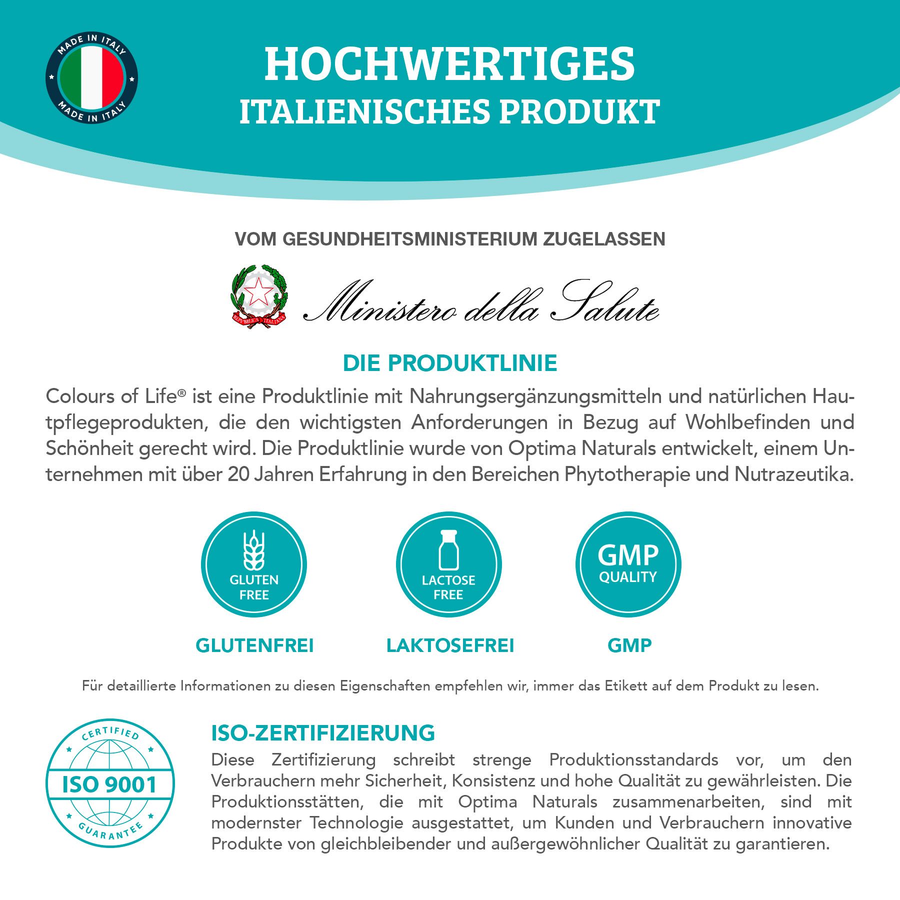 Zertifizierungen und Logos. Text: Hochwertiges italienisches Produkt. Glutenfrei, Laktosefrei, GMP. ISO 9001 Zertifizierung.
