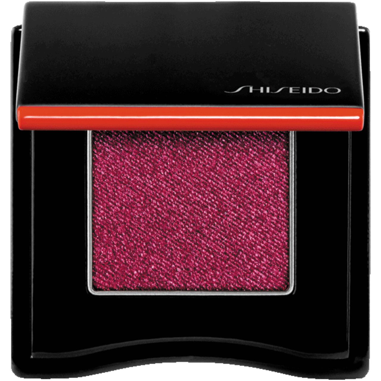 Shiseido Powder Gel Lidschatten. Schwarze Verpackung mit rotem Akzent. Roter Lidschatten. Marke sichtbar.