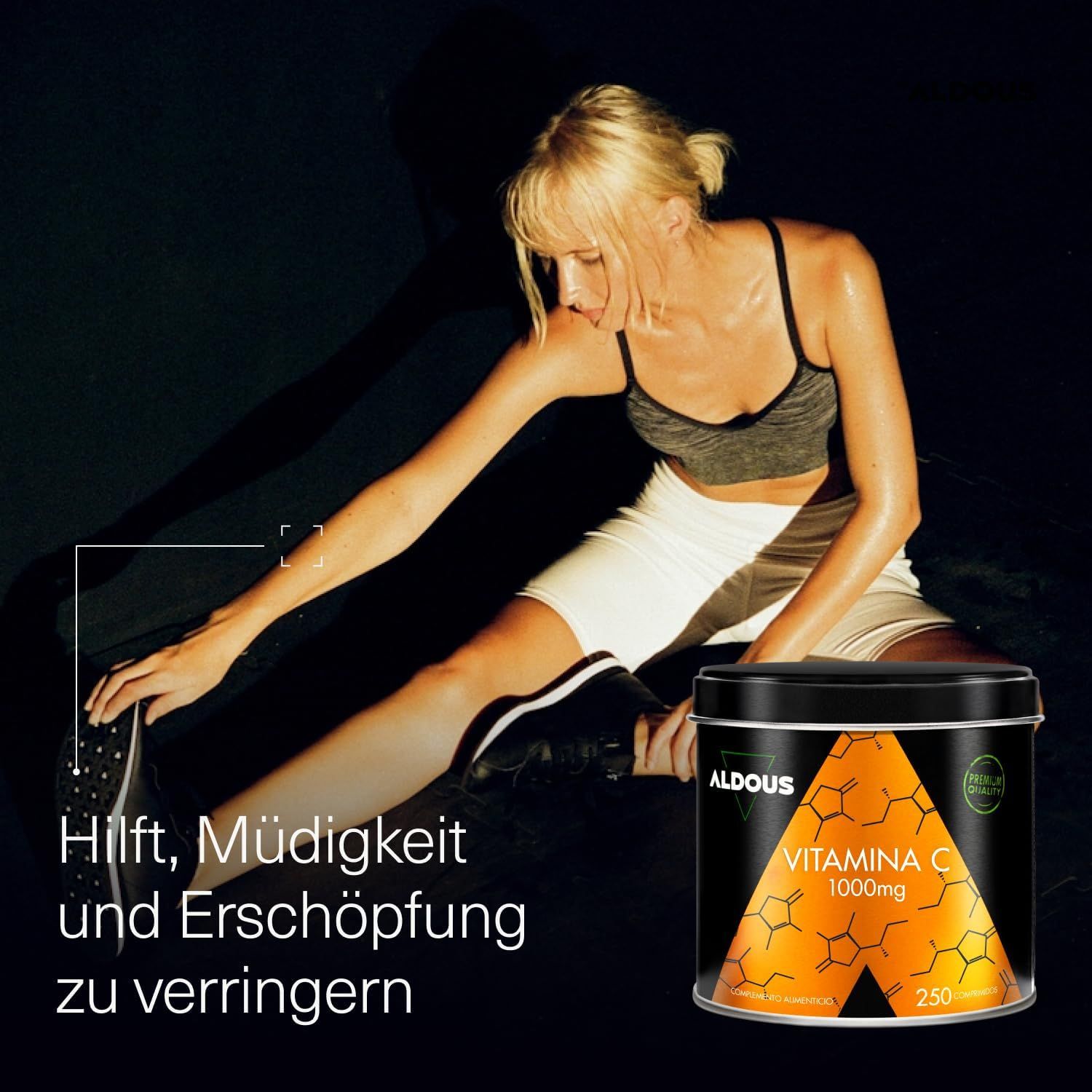 Frau dehnt sich nach dem Sport. Aldous Vitamin C Dose daneben. Text über Reduzierung von Müdigkeit und Erschöpfung.