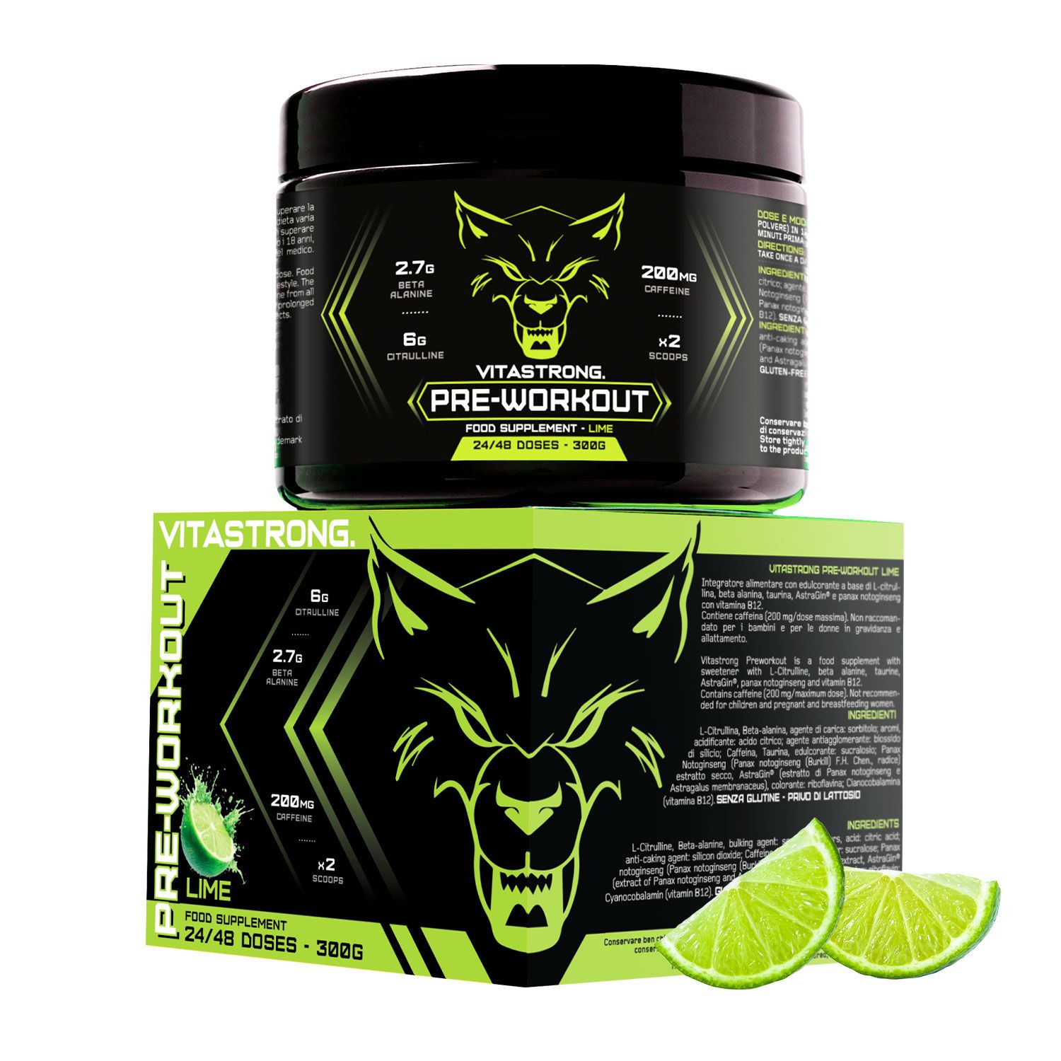 Vitastrong Pre-Workout Dose und Karton. Limette-Geschmack. Enthält Koffein, Beta-Alanin und Citrullin. 300g.
