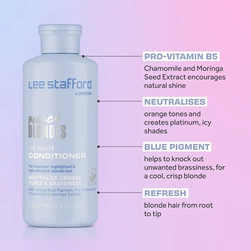 Hellblaue Flasche mit Produktetikett. Text: LEE STAFFORD, Bleach Blondes Ice White Conditioner. Mit Text-Annotationen.