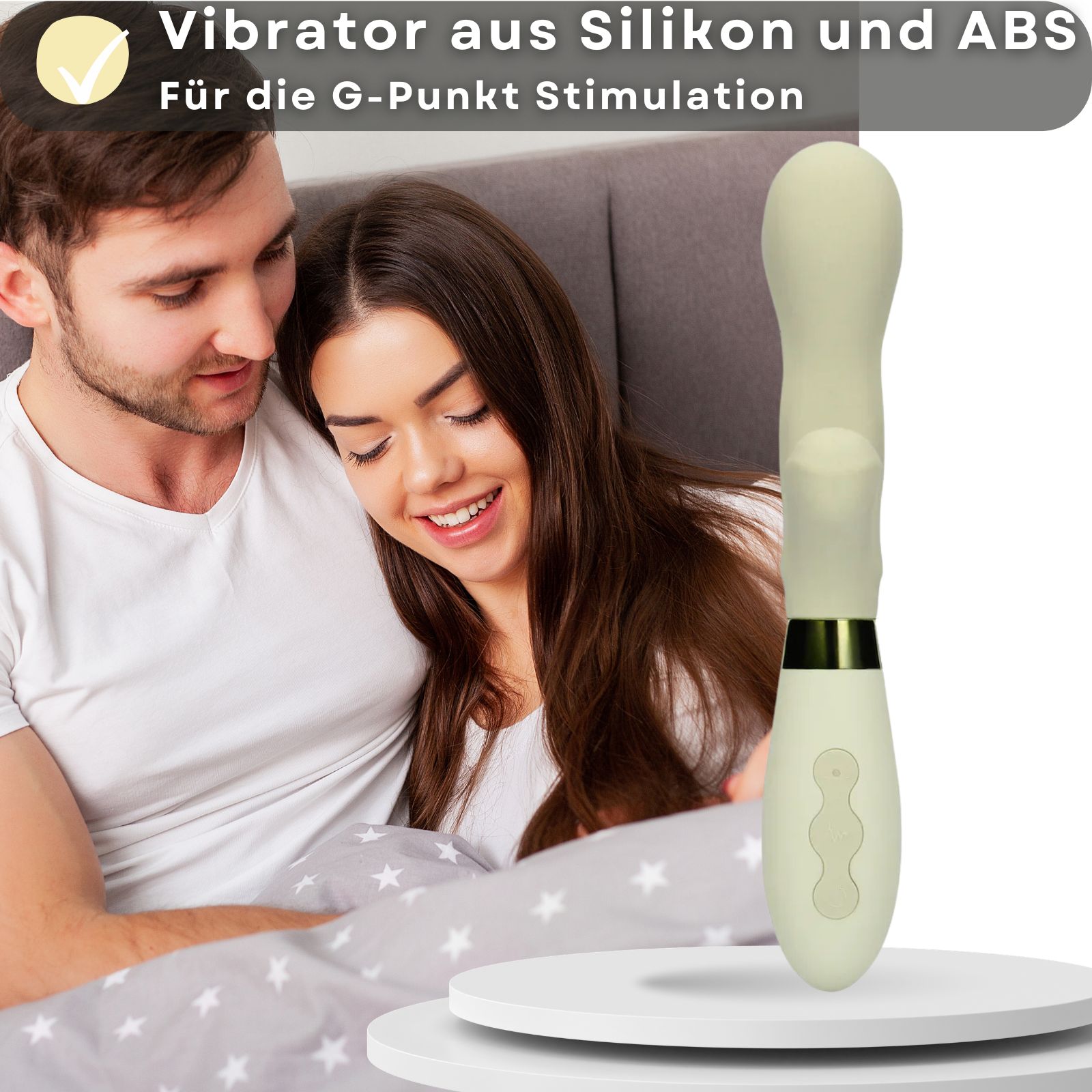 Cremefarbener Vibrator, neben Paar. Text: Silikon. Für G-Punkt-Stimulation.