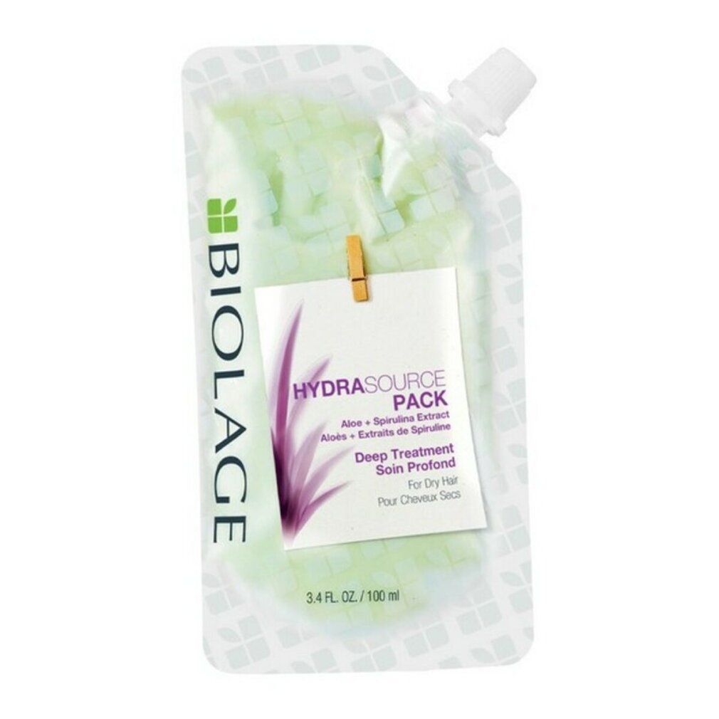 Beutel mit Biolage Hydrasource Deep Treatment. Aufschrift: HYDRASOURCE PACK, Deep Treatment, für trockenes Haar. 3,4 FL. OZ. / 100 ml.