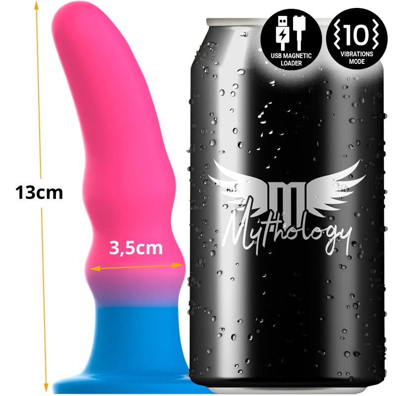 Zweifarbiges Dildo neben Dose. Abmessungen: 13cm lang, 3,5cm Durchmesser. 10 Vibrationsmodi.