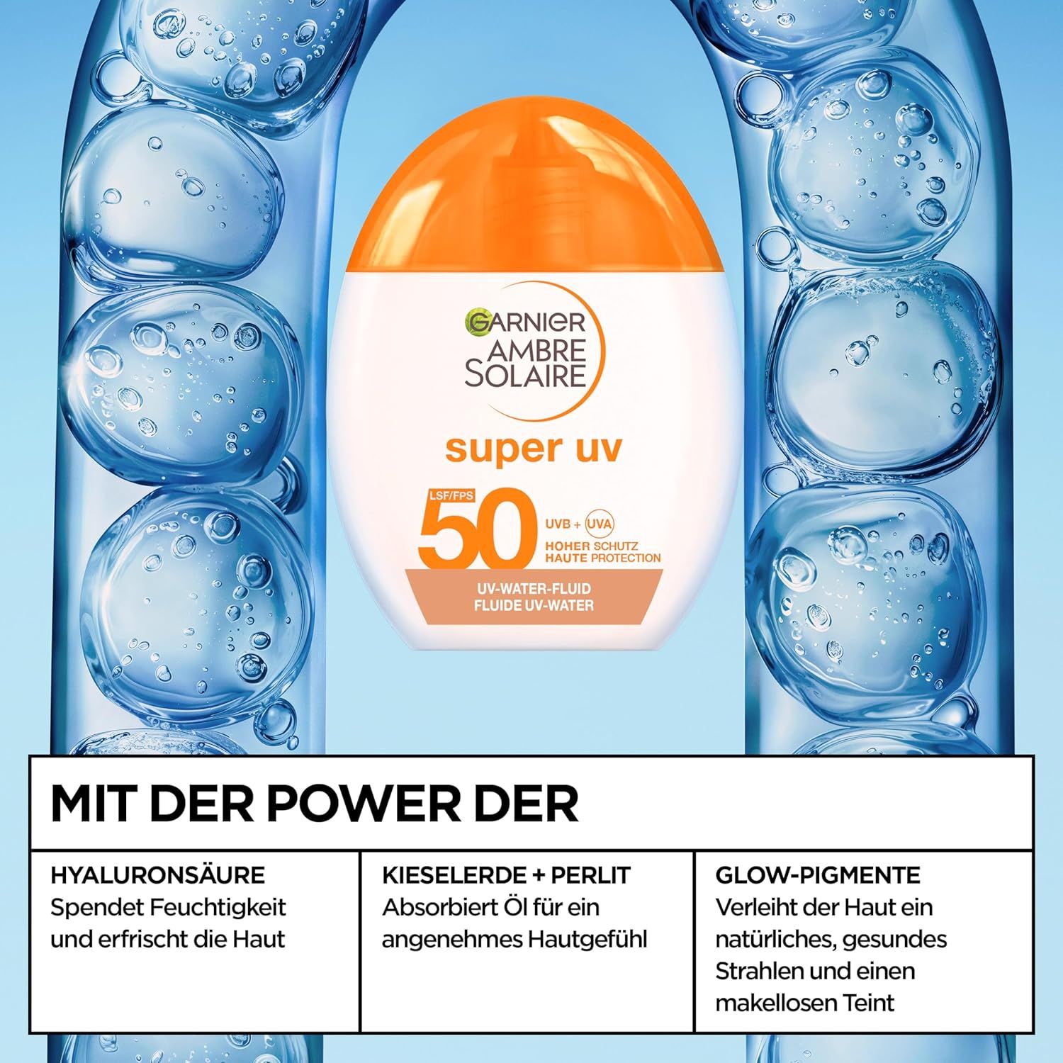 Flasche umgeben von Eisblöcken. Text: Mit der Power der Hyaluronsäure, Kieselerde + Perlit, Glow-Pigmente. Garnier Super UV.