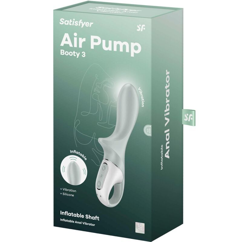 Verpackung von Satisfyer Air Pump Booty 3. Grün-weiß. Produktabbildung. Text: Inflatable, Vibration, Silicone.