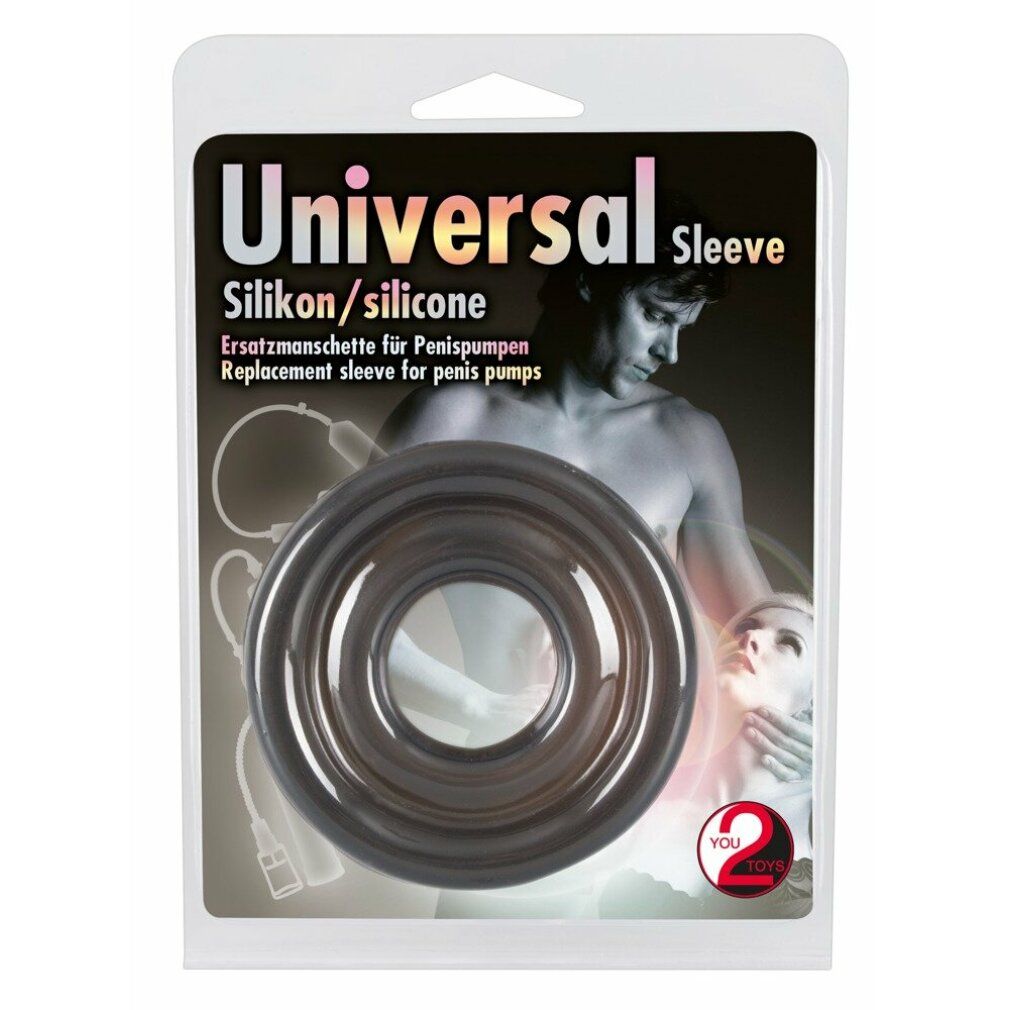 Verpackung mit Manschette. Text: 'Universal Sleeve', 'Silikon/silicone', 'Ersatzmanschette für Penispumpen'.