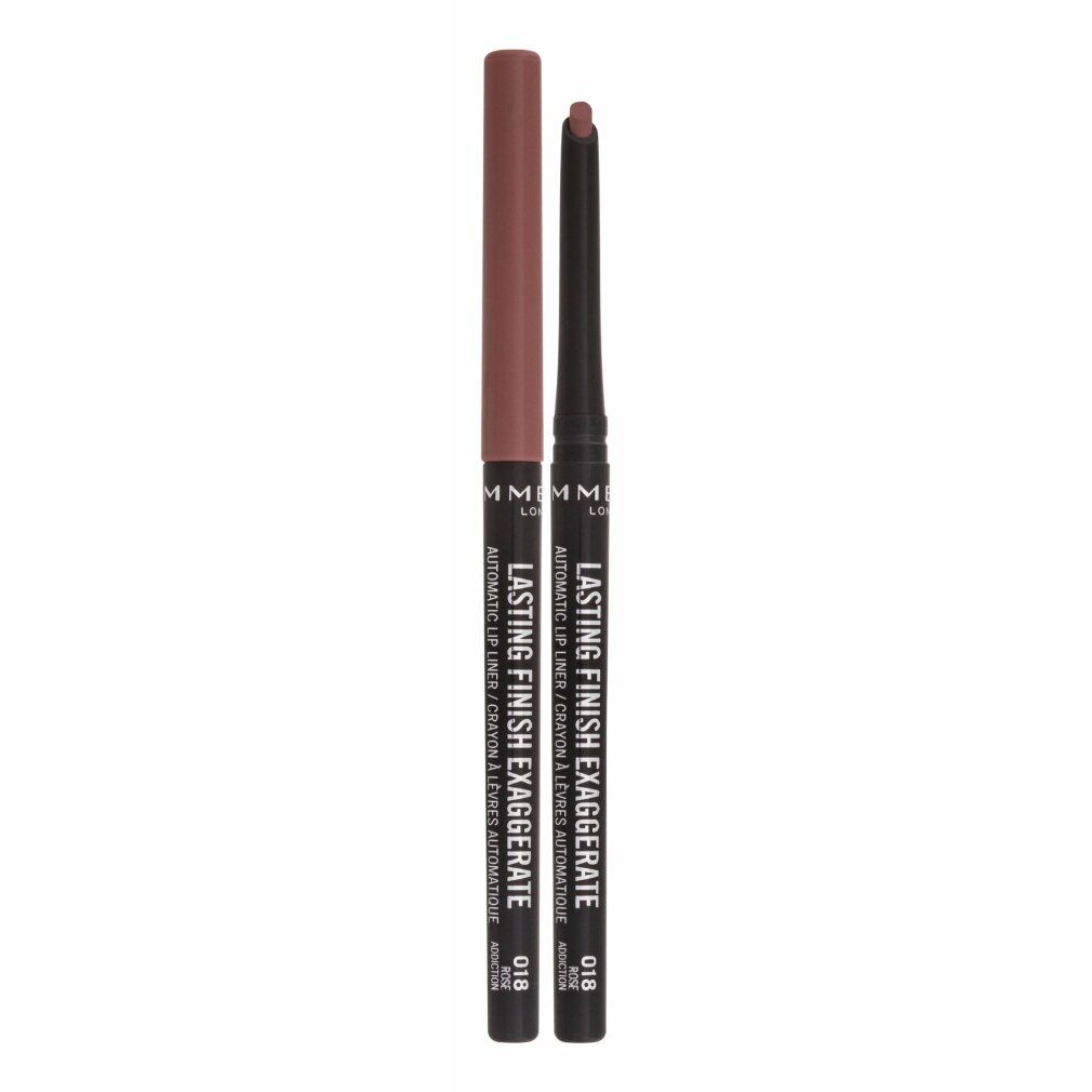 Zwei Lipliner nebeneinander. Aufschrift: Lasting Finish Exaggerate, 018. Automatischer Lipliner.