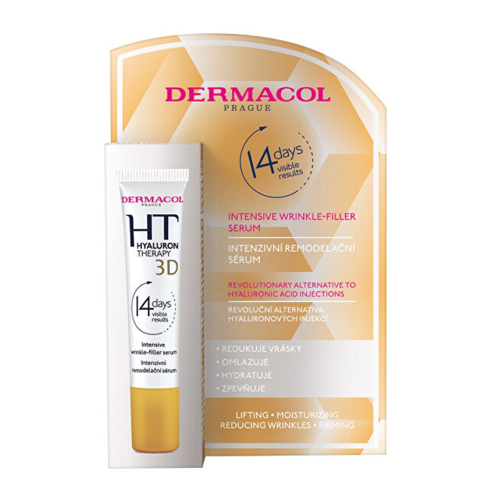 Produktverpackung mit Tube und Karton. Enthält "HT HYALURON THERAPY 3D" und "14 days visible results".
