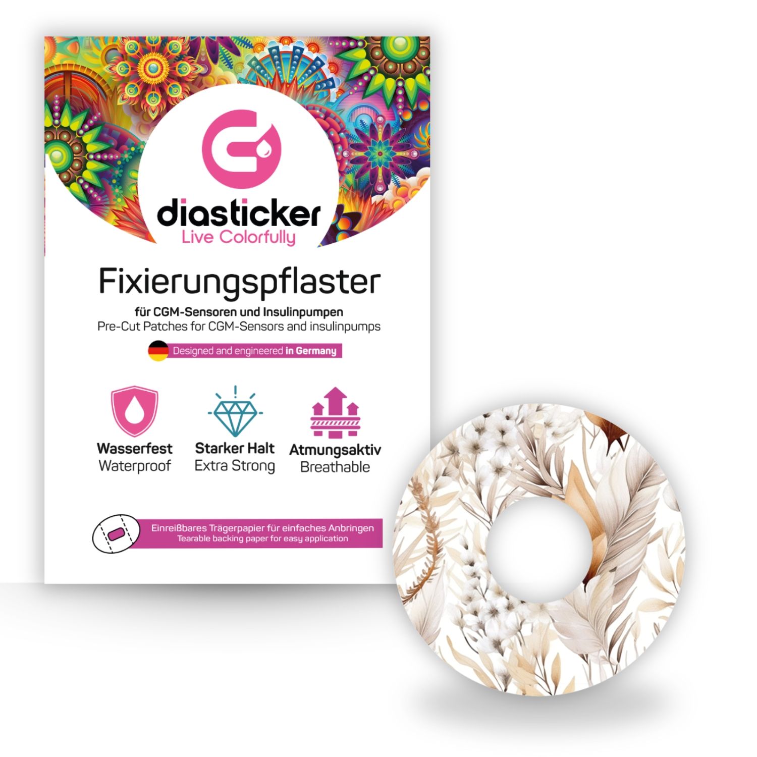 Verpackung mit Pflaster und floralem Muster. Text: Diasticker, Fixierungspflaster, wasserfest, starker Halt, atmungsaktiv.